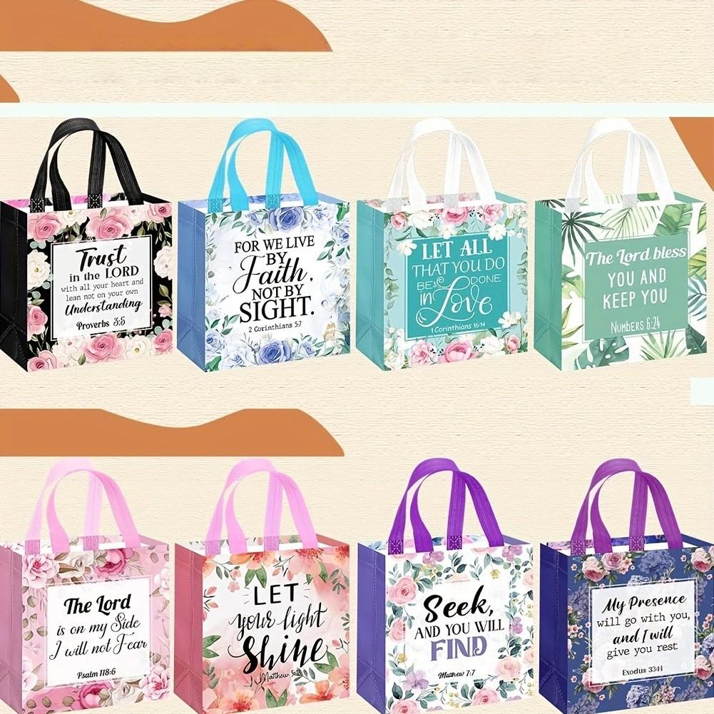 32 Bible Verse Gift Bags, Reusable Non-Woven Christian Gift Bags with Handles, Inspirational Floral Design, Blue