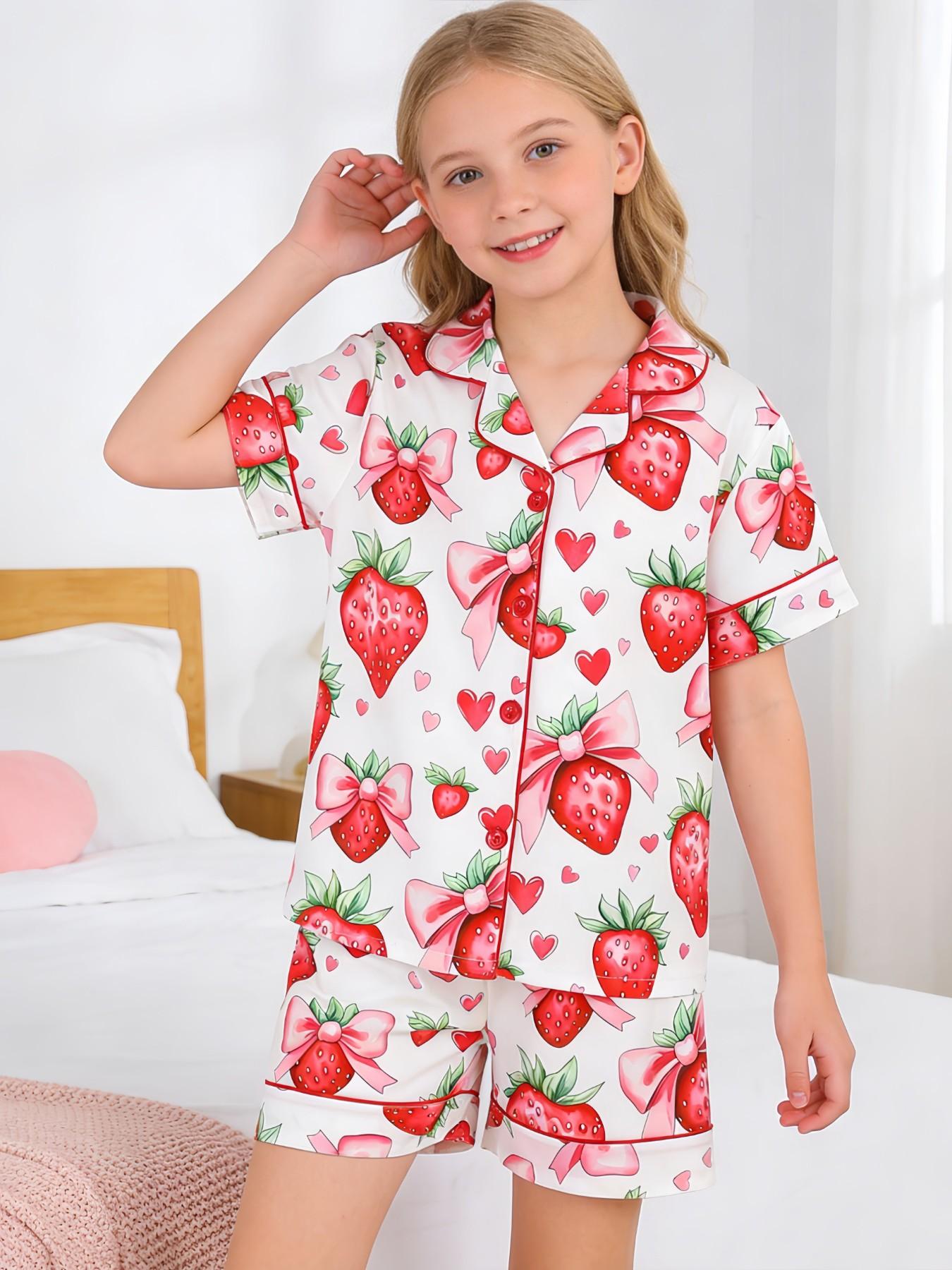 2-Piece Kids Pajama Set, Casual Strawberry Bow Heart Pattern, Fashion Open-Cardigan Short Sleeve Top and Shorts, Flame-Retardant Knit, All Seasons
