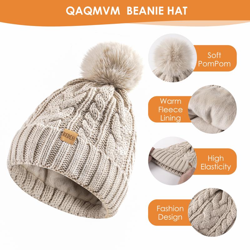 3PC Womens Winter Knit Hat Scarf and Gloves Set Fleece Lined Pom Pom Beanie Long Knit Scarf and Touchscreen Gloves Chic Warm Christmas gift sets Accessory Fashion