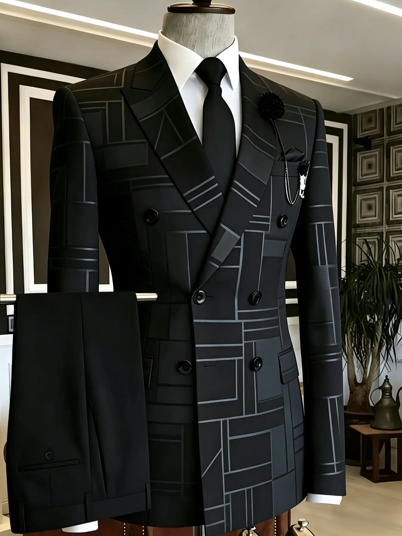 Ainwear Plus Size Men's Geometric Print 2-Piece Suit, Double Breasted Blazer & Pants, Formal Tuxedo for Weddings, Parties, Events