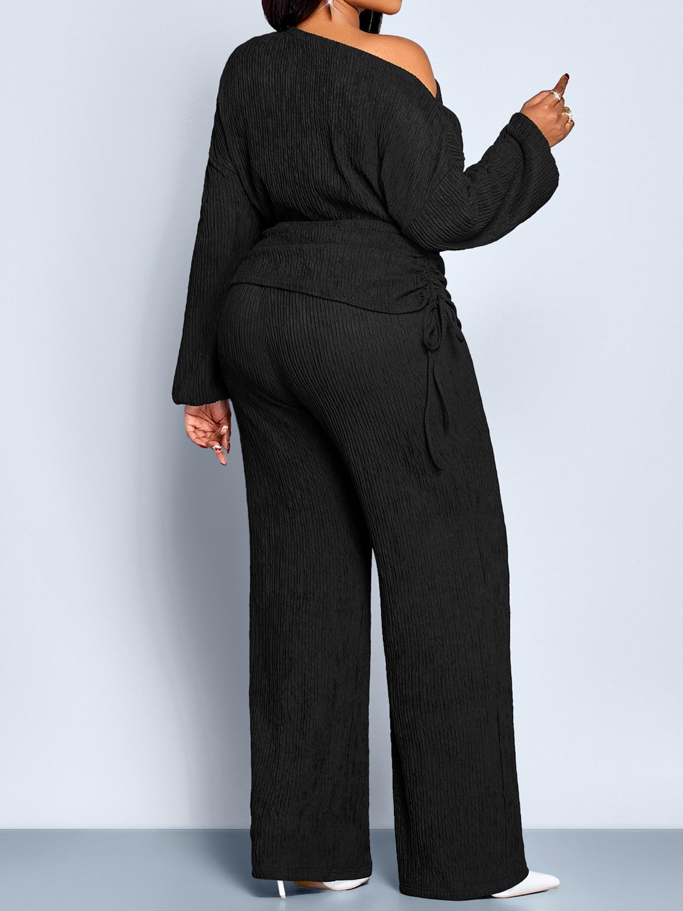Women's Elegant Two-Piece Set, Fall & Winter Casual, Long Sleeve Drawstring Top & High Waist Wide Leg Pants, Plus Size