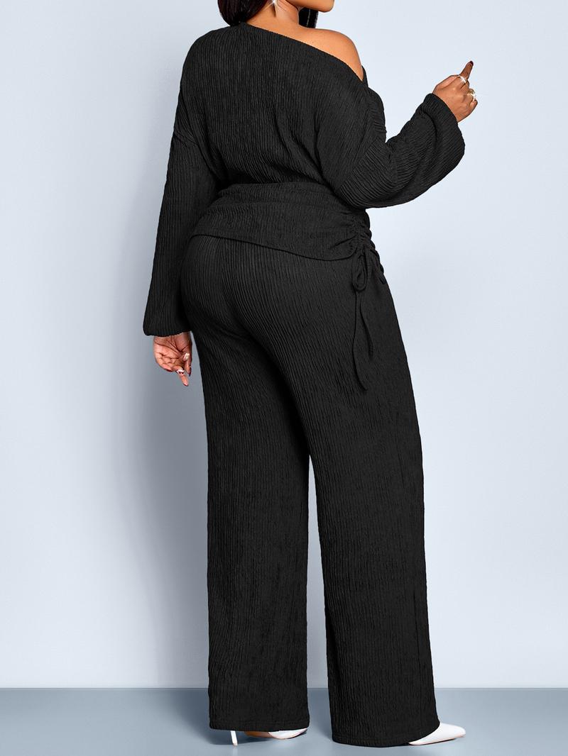 Women's Elegant Two-Piece Set, Fall & Winter Casual, Long Sleeve Drawstring Top & High Waist Wide Leg Pants, Plus Size