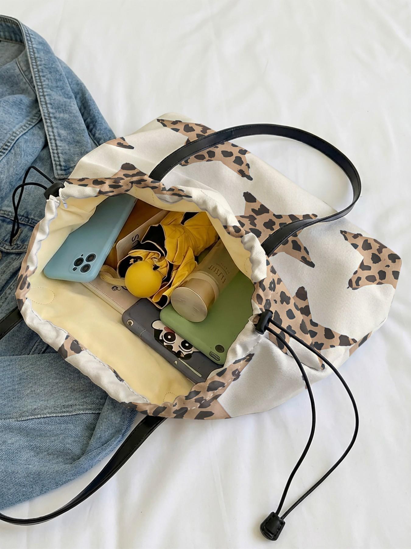 Leopard Print 2D Star Pattern Drawstring Tote Bag, Large Capacity Durable Shopping Bag for Work, Shopping and Picnics