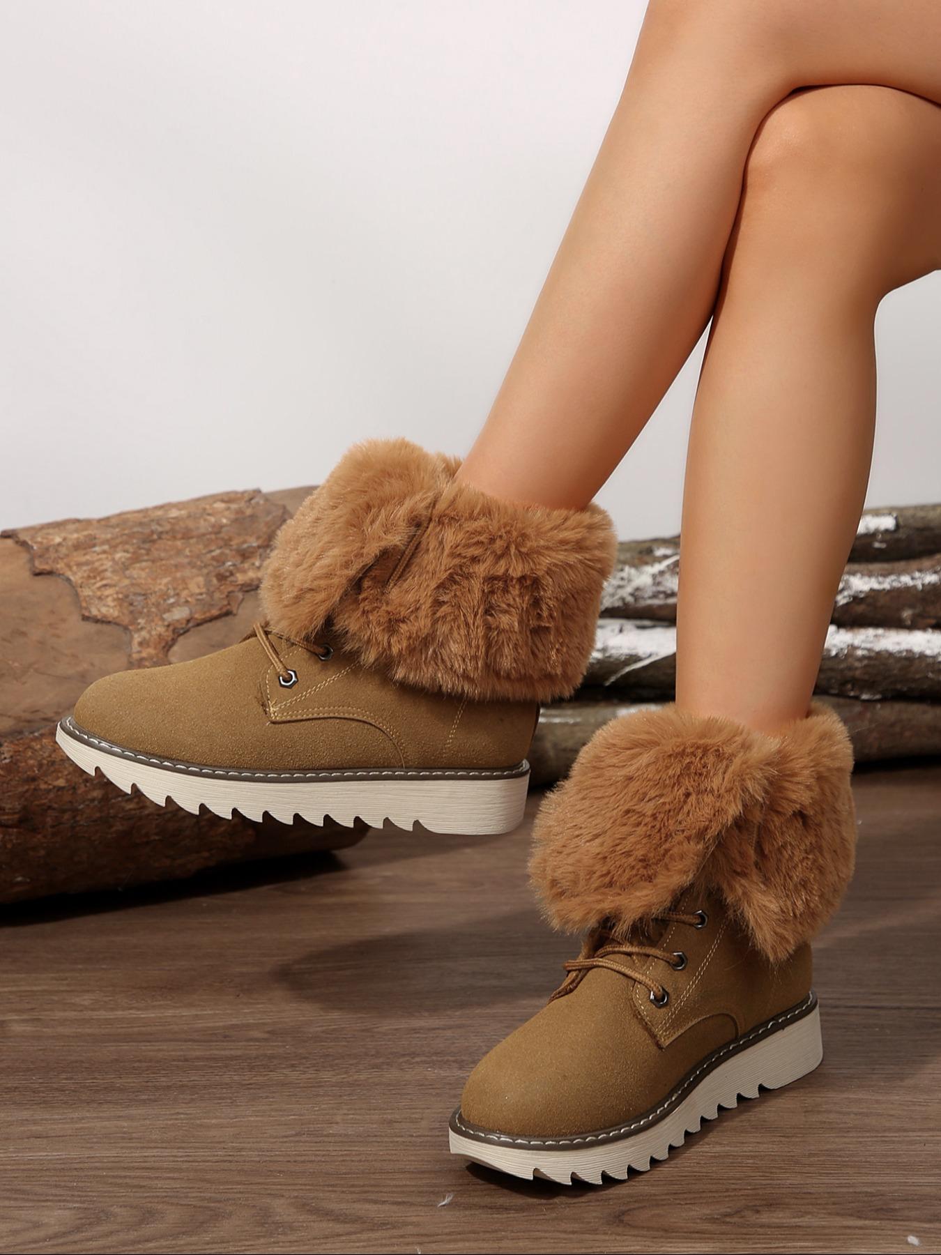 【Size Runs Small】 Women's Solid Color Boots, Fashionable Warm Boots for Winter Holiday Gift, Non-slip Outdoor Snow Boot Shoes for Women & Girls, Fur Boots for Women