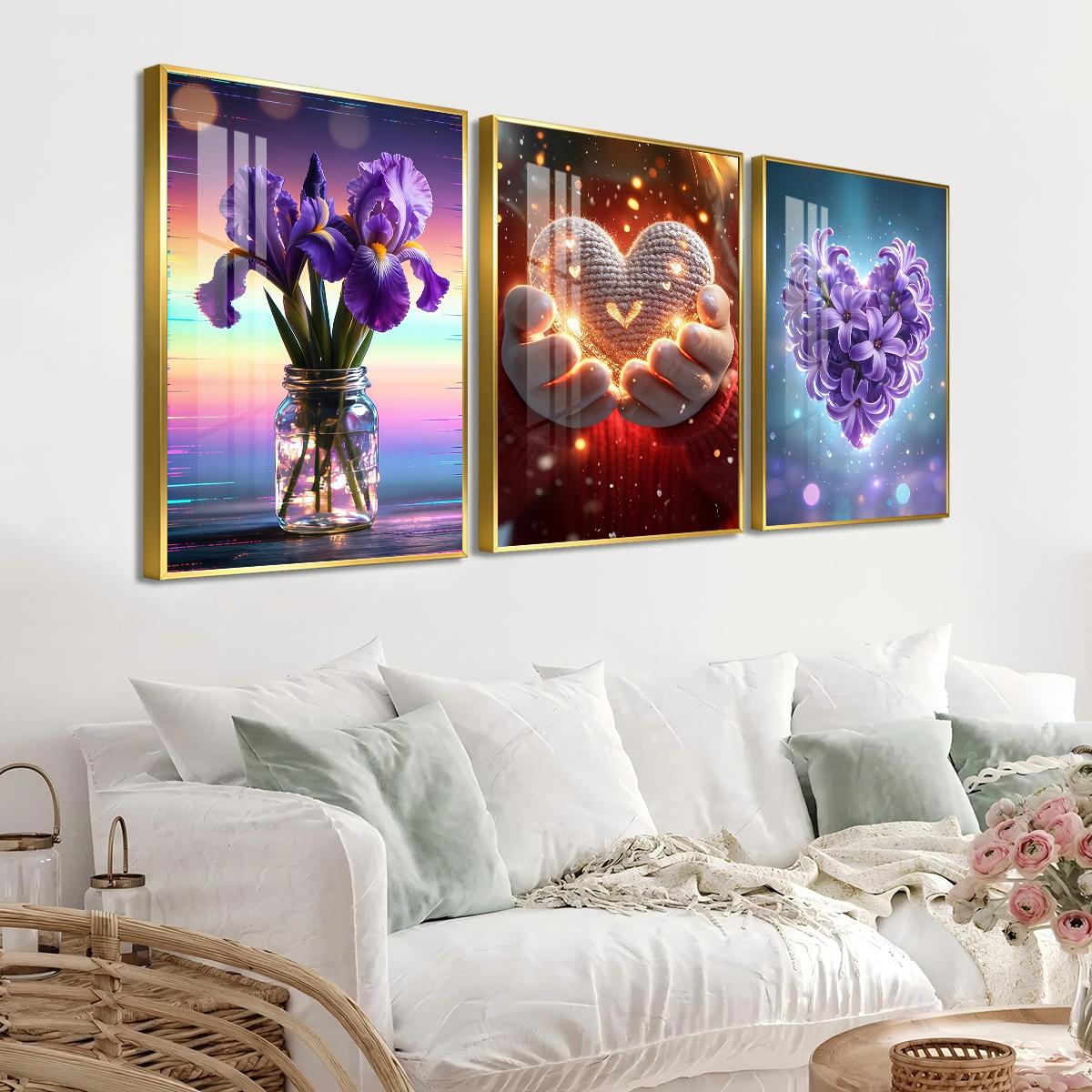3 Counts Aluminum Alloy Framed Painting, Purple Irises And Glowing Heart Flower Art Pictures, Home Decoration For Living Room, Bedroom, Office, Restaurant, Hallway Wall Decor, Odorless Print Artwork, Luxury Perfect Gift For Friends And Family