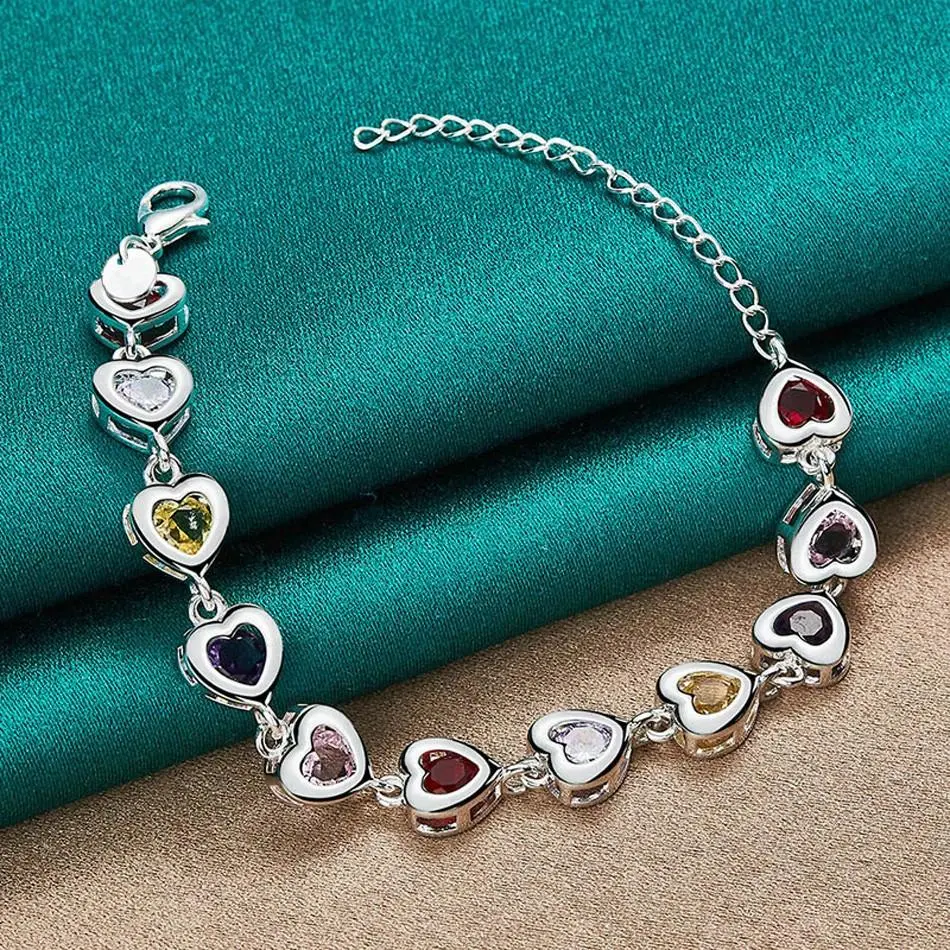 Women's 925 Sterling Silver Heart Link Bracelet - Adjustable, Elegant Multi-Color Crystal & Silver-Plated Charm Chain CZ Jewelry, Wedding Gift Ideas for Anniversary, Bracelet Jewelry, Accessories