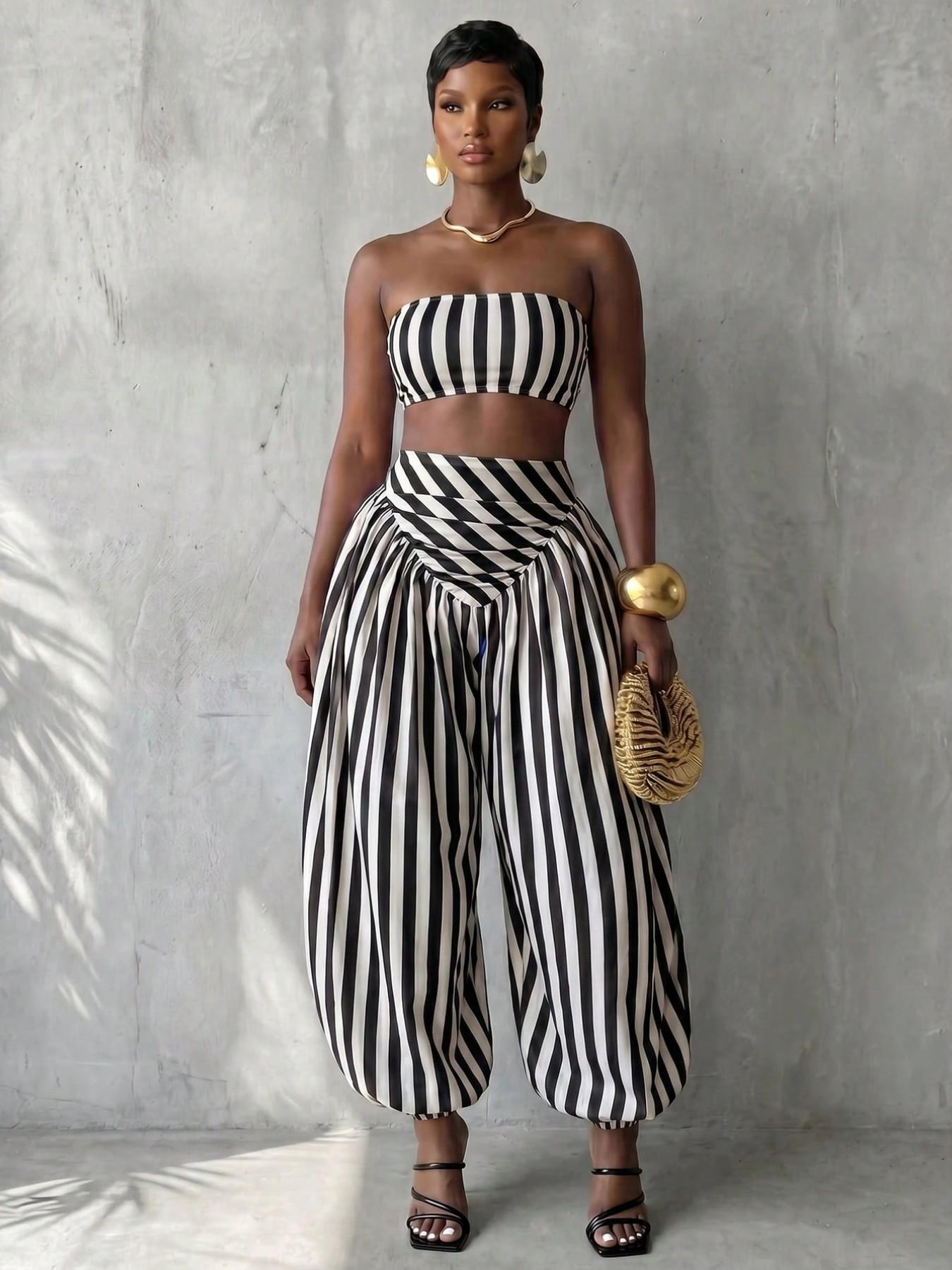 Women's Striped Cropped Tube Top & Loose Jogger Pants 2pcs Set, Summer Vacation, Comfortable Casual Tropical Style