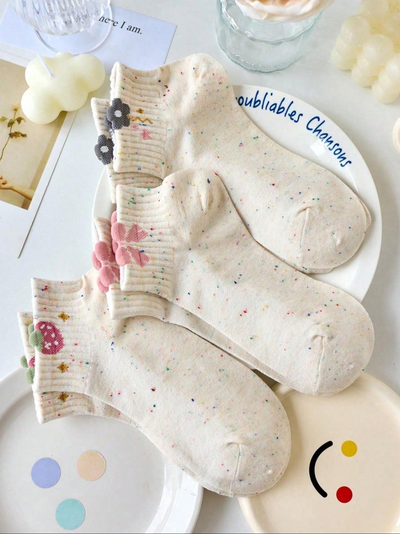 5 Pairs Women's Teenage Floral Strawberry Bow Low Top Ankle Socks, High Elastic Non-Straining Short Socks, All Seasons Student Socks