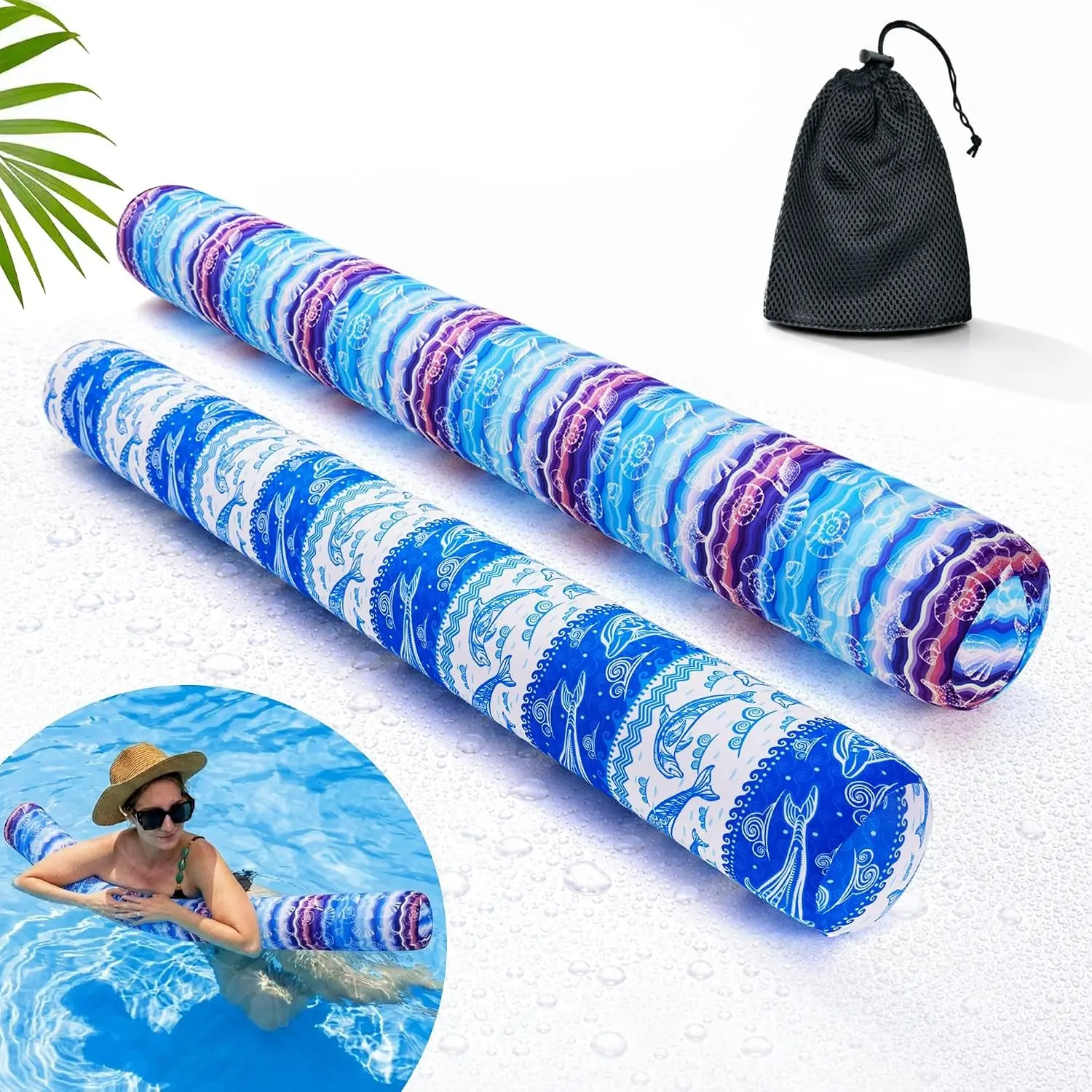 Inflatable Pool Noodle 2-Pack, Soft Fabric Quick Drying Covered Large Pool Floats, Premium Buoyancy with Portable Storage Bag for Pool Party Toy