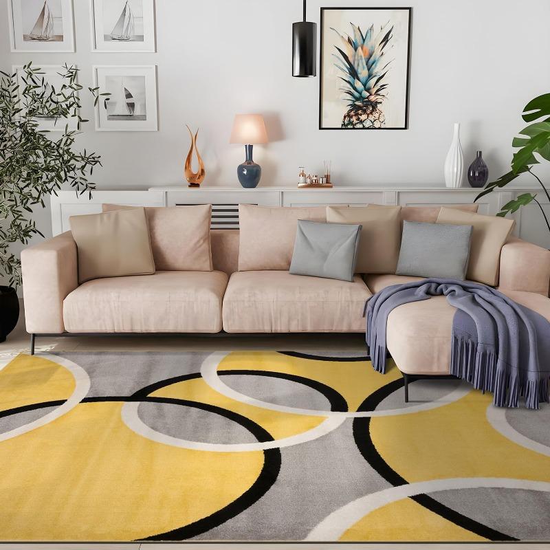 Modern Abstract Interlocking CircleGeometric Flannel Area Rug Yellow Grey Black WhiteContemporary Print Soft Mat for Living Room, Non-Slip MinimalistHomeDecor#AbstractInterlockingCircleRug #GeometricContemporaryMat #MinimalistHomeDecor  #NonSlipFlannelRug