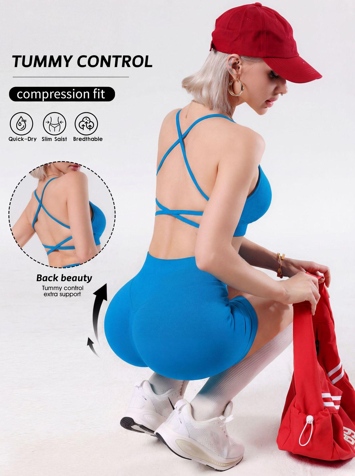 Women's 2-Piece Sporty Sports Underwear Set, Cross-Suspender Beauty Back Yoga Bra, High-Waist Belly & Hip-Lift Fitness Biker Shorts for Yoga, Fitness