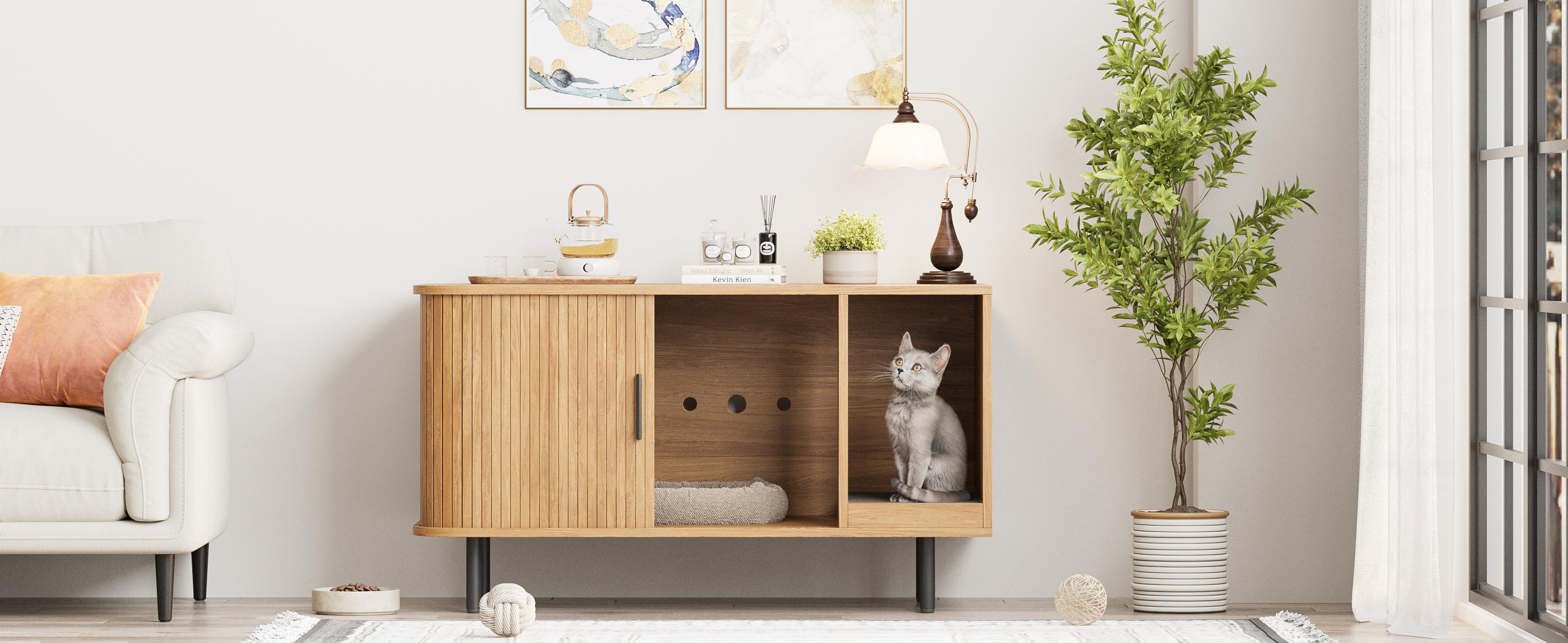 Vabches Cat Litter Box Enclosure with Cat Scratch Pad, Sliding Door, 37.4" Litter Box Enclosure Furniture Hidden Litter Box, Modern Indoor Cat House, TV Stand, Side End Table for Living Room