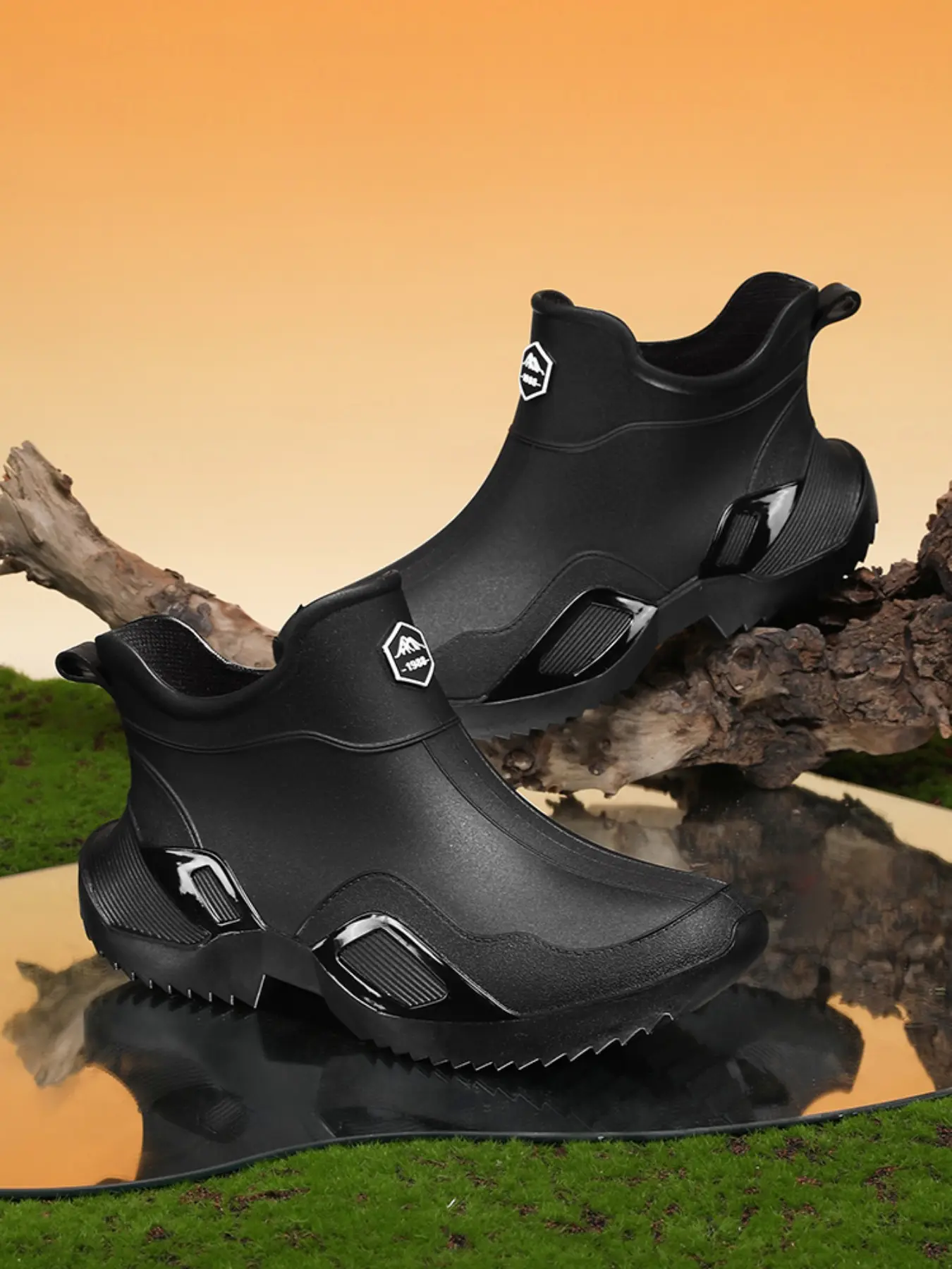 Men Ankle Wading Rain Boots, Full Waterproof Rubber Pull‑On Boots, Rugged Red Lug Anti‑Slip Sole for Hiking Fishing Muddy Outdoor Terrain