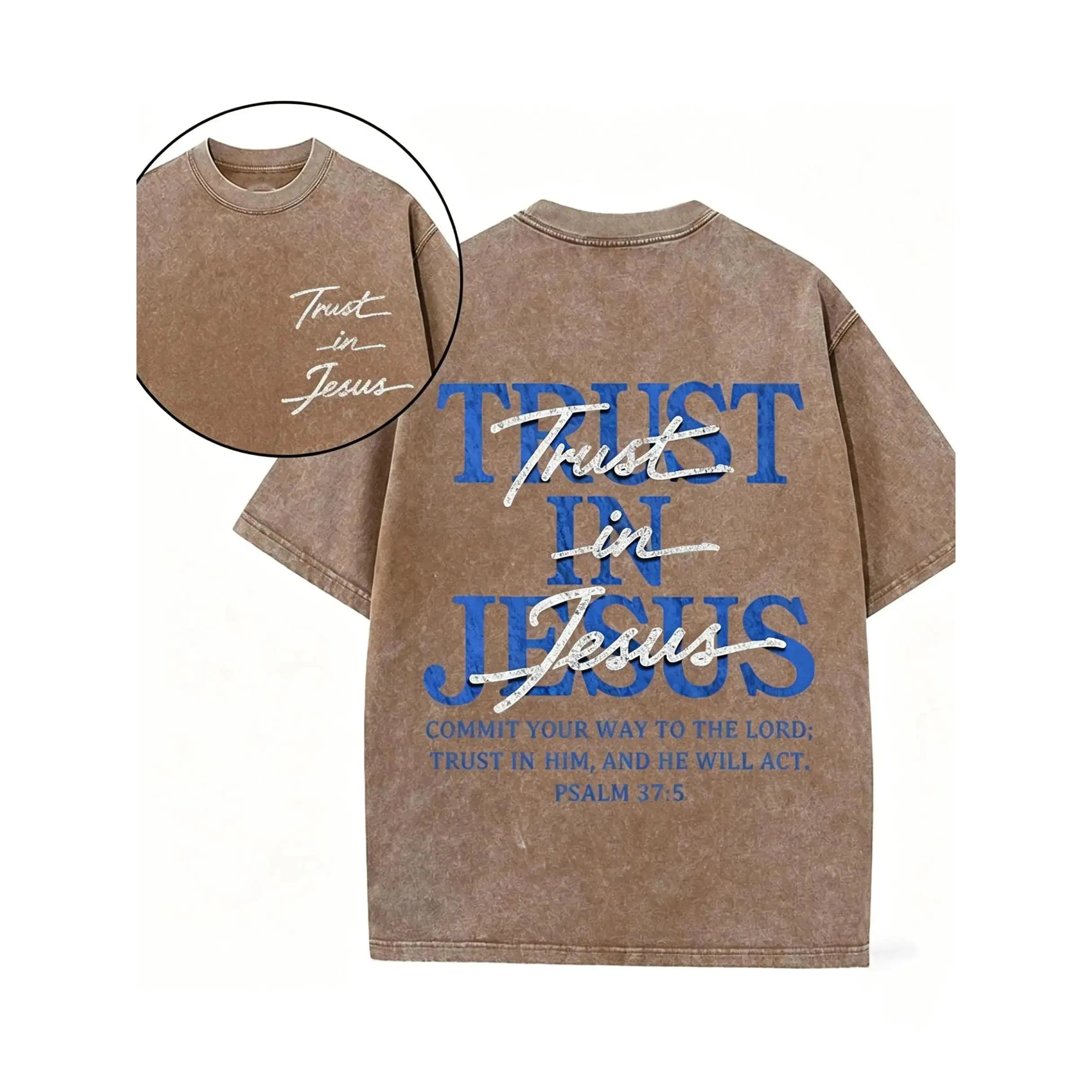 100% Cotton Christian Washed Oversized Loose-Fit Sports Top, "Trust in Jesus" Psalm 37:5 Bible Verse Art Design, All-Seasons Faith-Based Gift for Men/Women, Cold Machine Wash Compatible, Tops, Casual