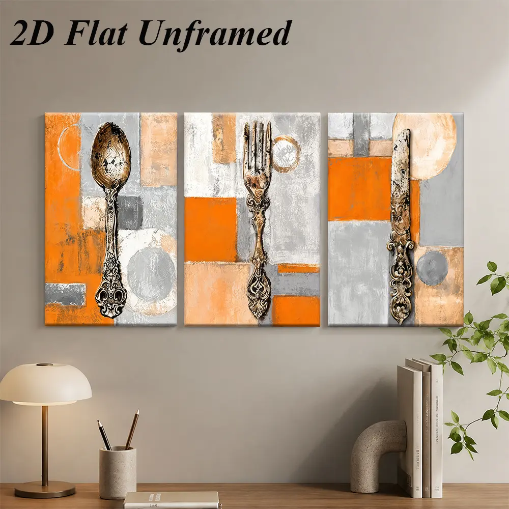 3-Piece Vintage Cutlery Spoon Fork Knife Canvas Frame, Orange Grey Abstract Kitchen Wall Art, Antique Silverware Geometric Block Print, Triptych Wall Art Decor for Dining Room Kitchen Home Decor