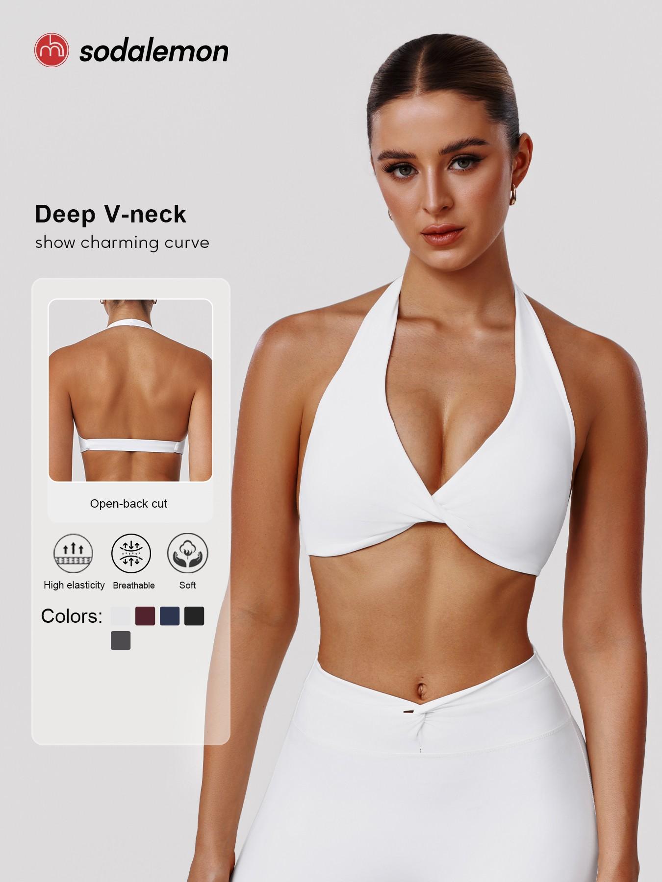 Sodalemon Women's Backless Sports Bra Tank Top, Elastic Strap Design, Wireless Comfortable Yoga Short Sleeve Shirt, All Season Casual Wear, Yoga Workout Activewear, Yoga Gym Activewear