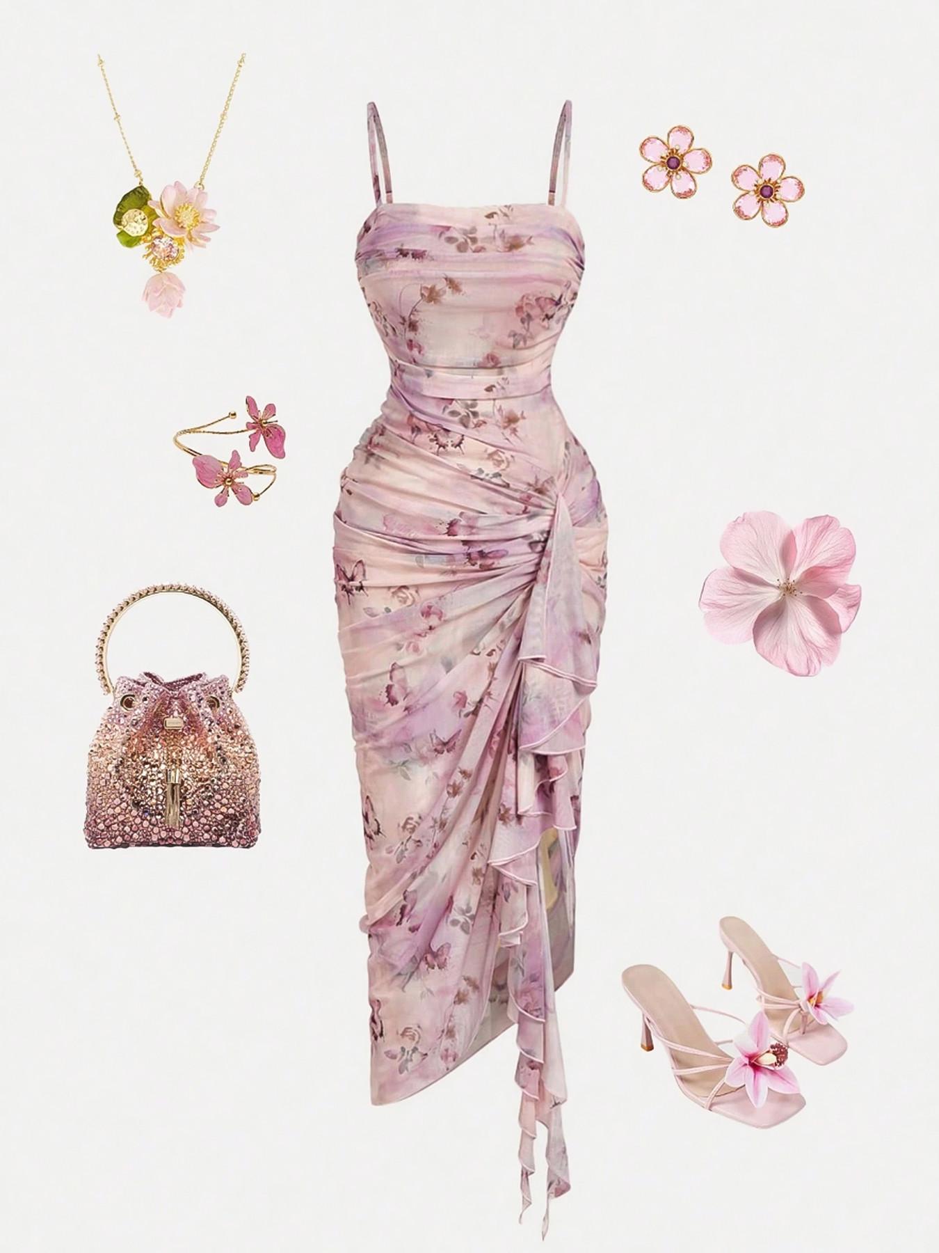 Women's Casual Vacation Floral Print Ruched Split Hem Asymmetrical Dress, Vintage Butterfly Print Elegant Ruffle Design Dress,Seductive,Party,Cocktail Dinner Prom Vacation Outfits