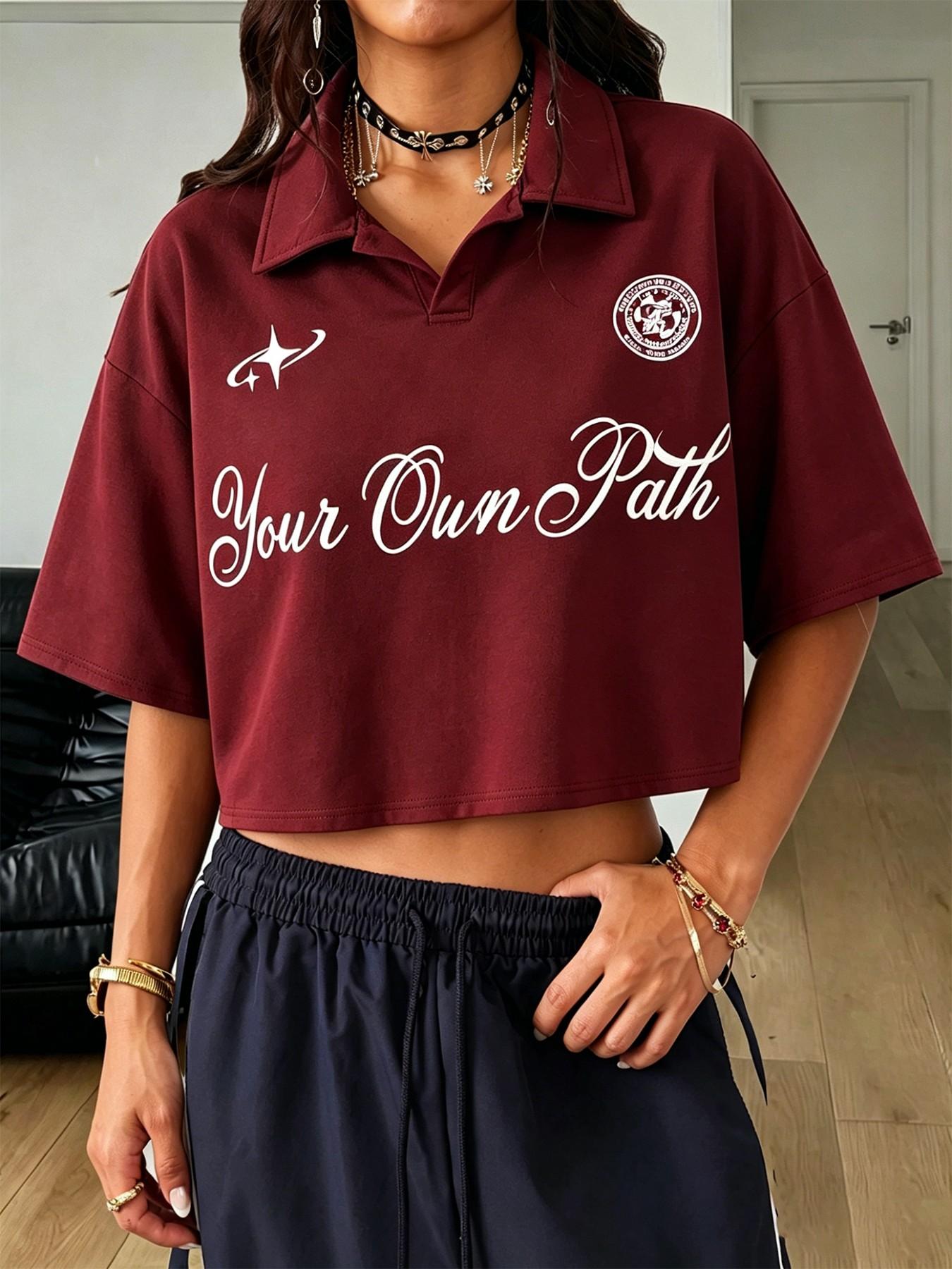 Women's Vintage Collar Polo Shirt, Y2K College Style, Hip-Hop Star Letter Print, Loose Fit, Streetwear, Gym, Party