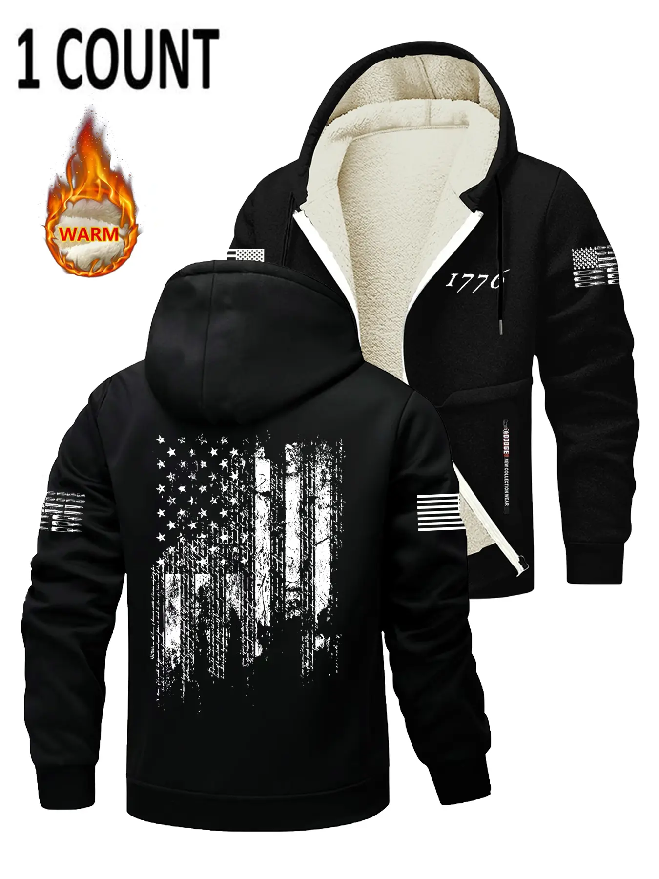 Men's Hot Selling Long Sleeve Knit Hooded Sweatshirt Jacket, Casual Street Sweatshirt, Everyday Zip Up, Zipper Hoodie, Zipper Pocket Design, Flag Print, Soft Fleece Lining, Casual Fashion Outerwear