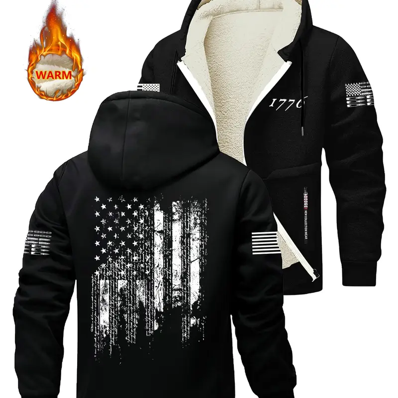 Men's Hot Selling Long Sleeve Knit Hooded Sweatshirt Jacket, Loose Fitting Hoodie, Casual Street Sweatshirt, Everyday Zip Up, Zipper Pocket Design, Flag Print, Soft Fleece Lining, Casual Fashion Outerwear