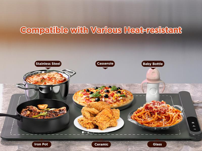 FEPPO Updated Electric Food Warming Mat with 6 Temperature Levels & 6-Hour Timer, Faster Full Surface Heating Mat, Roll Up Food Warmer for Holiday Parties & Buffets