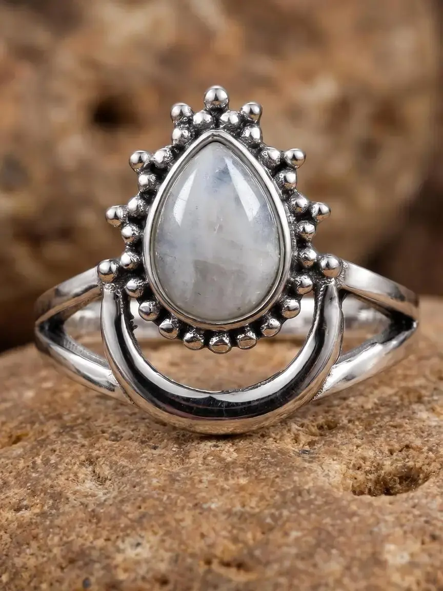 Labradorite Ring for Women, Statement Rings, Fashion Rings, Teardrop Gemstone with Iridescent Flash & Beaded Crescent Band, Vintage Boho Sterling Silver Jewelry, Unique Rings, Bohemian Fashion Ring