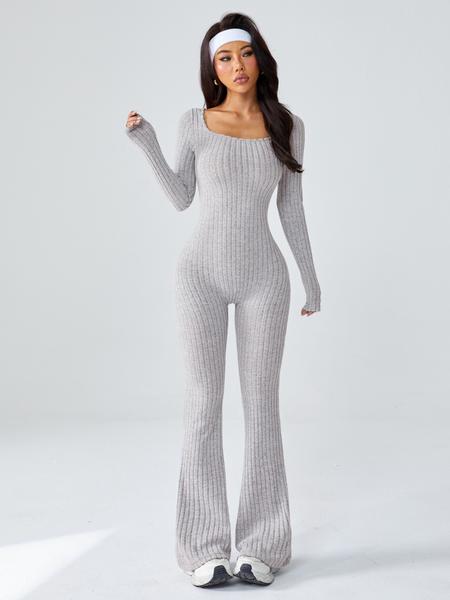 Women's Sporty U-Neck Long Sleeve Yoga Jumpsuit, Sportswear Jumpsuits, Slim-Fit Knitted Jumpsuits for All Seasons, Casual Fashion Wear