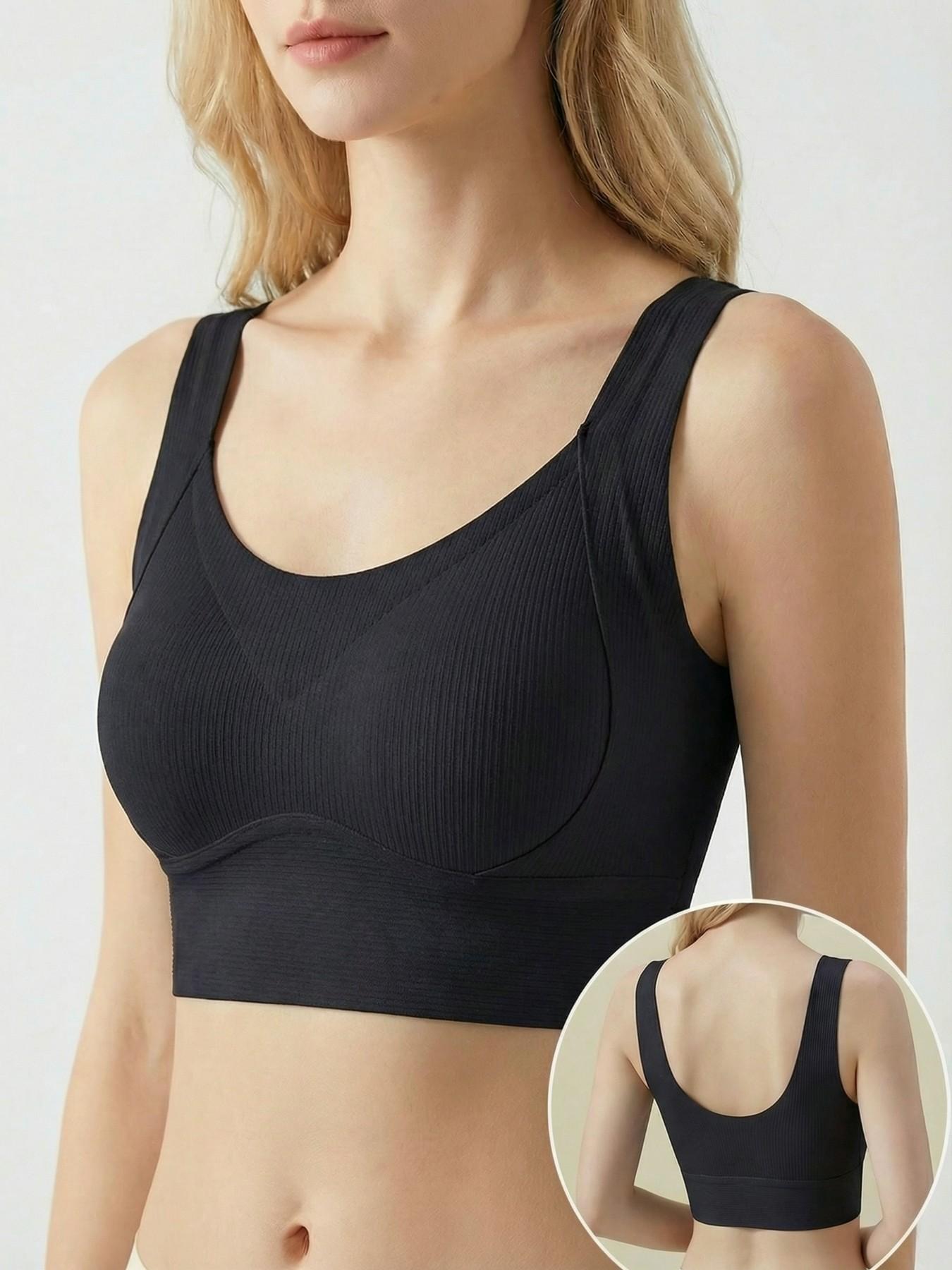 Ribbed Wirefree Bra, Push Up & Anti-Sagging, Wide Strap Backless Camisole Bralette, Minimizer for Large Bust, Side Support for Back Fat, Sports & Sleep Bra, Naked-Feel Breathable Skin-Friendly Layering Top