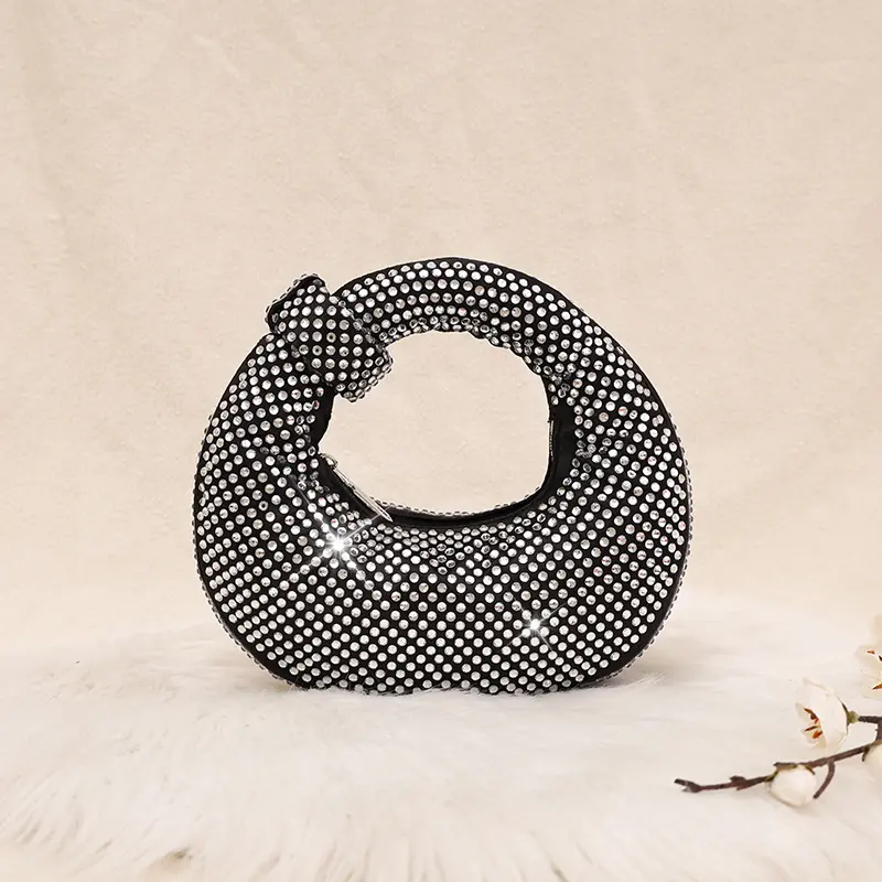 Rhinestone Mini Top Handle Bag, Sparkly Circular Evening Handbag, Glitter Crystal Hobo Purse for Party Wedding Club Women