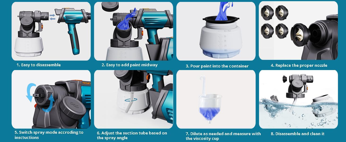 Tilswall Shark 800 HVLP Electric Paint Sprayer, 800W Powerful Spray Gun with 1300ml Large Container, 4 Brass Nozzles & 3 Spray Patterns, Ideal for Home, Furniture, Cabinets, Fence & Wall Painting, Perfect Mother's Day Gift