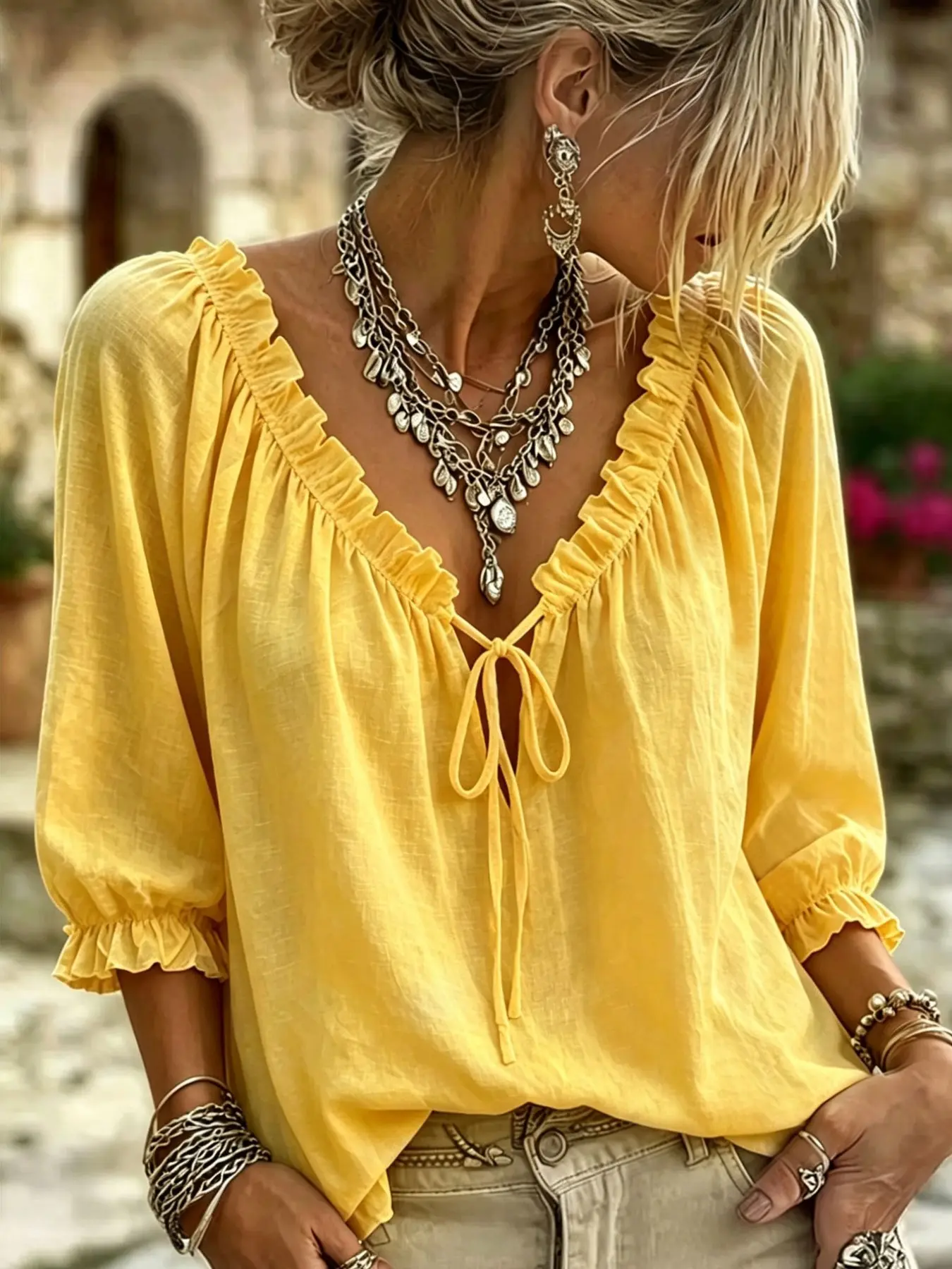 V Neck Drawstring Shirt, Wrinkle Texture Loose Bubble Sleeve Top, Vintage Casual Vacation Versatile Three-Quarter Sleeve Women's Blouse, Chic tops
