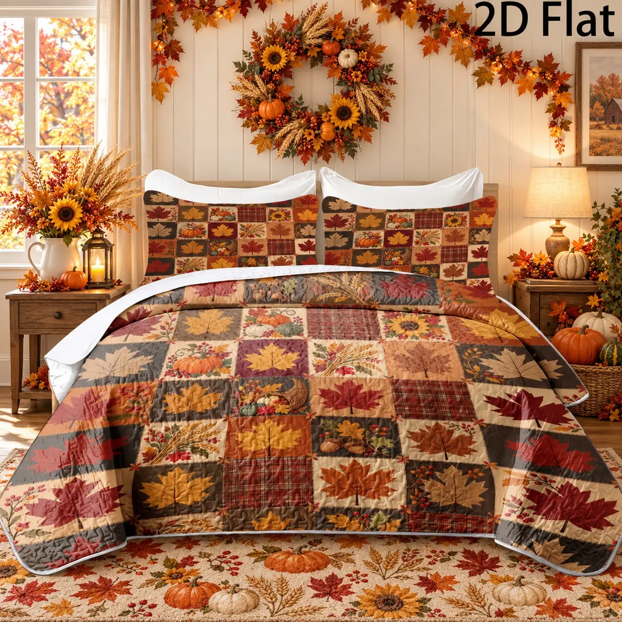 3-Piece Quilted Bedspread Set – Maple Leaf & Plaid Pattern (Includes 1 Bedspread + 2 Pillow Shams; Inserts Not Included). Suitable for Christmas, Autumn, and Halloween décor. Versatile quilted coverlet/summer quilt available in sizes ranging from Twin/Ful
