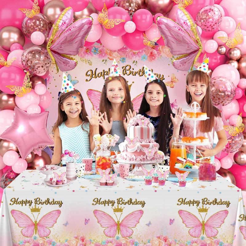 Purple Butterfly Birthday Decorations Pink Balloon Arch Kit Foil Butterfly Balloon,95pc Happy Butterfly Birthday for Girl Baby Shower Party Decor FathersDayGift