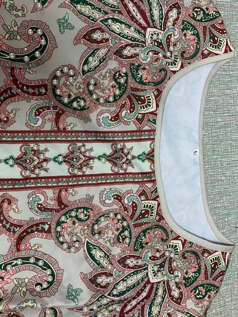 Women's Ethnic Pattern Faux Pearl Decor Long Dress, Boho Long Sleeve Round Neck Dress for Vacation Holiday Wedding Guest, Ladies Islamic Clothing for All Seasons