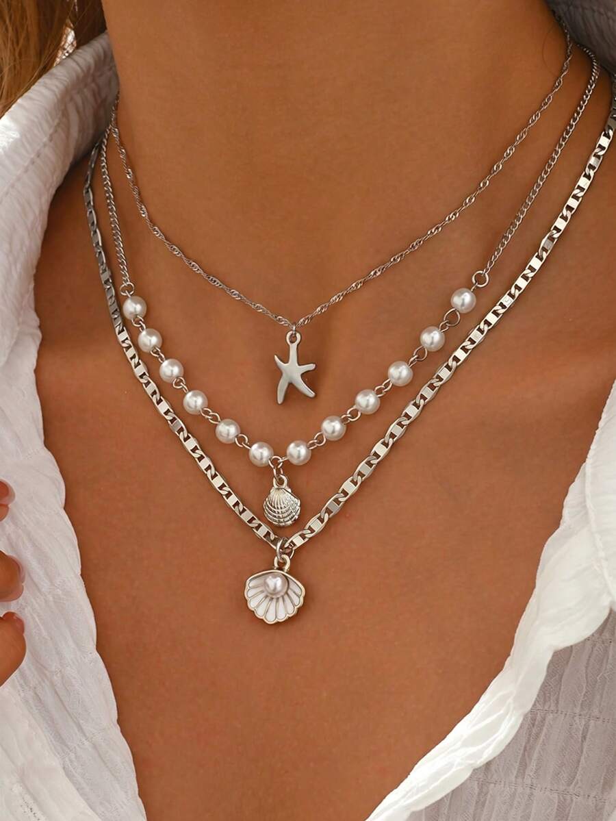3pcs Summer Bohemian Style Multi-Color Faux Pearl Multi-Layer Necklace Set With Shell Pendant, Suitable For Beach, Travel, Daily Decoration, Outfit Matching, Dating, Party, Holiday Gift For Women