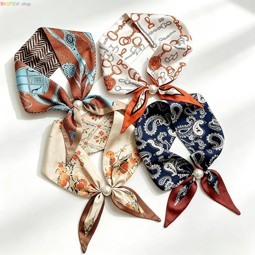 Women's Minimalist 3-Piece Scarf Set – Stylish Magnetic Pearl Neck Scarf, Slim Satin Necktie, and Hair Scarf/Headband (New Arrival)