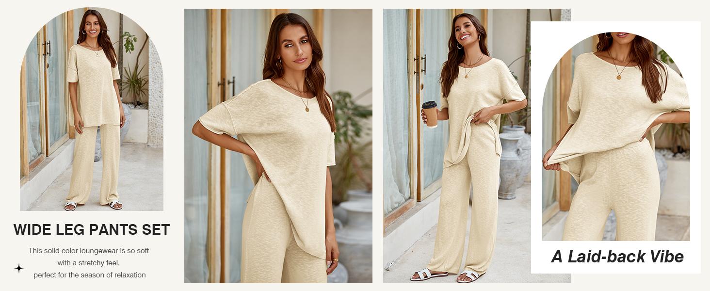Imily Bela Women's 2 Piece Travel Outfits Casual Short Sleeve Knit Pullover Tops Wide Leg Pants Lounge Sets Tracksuit