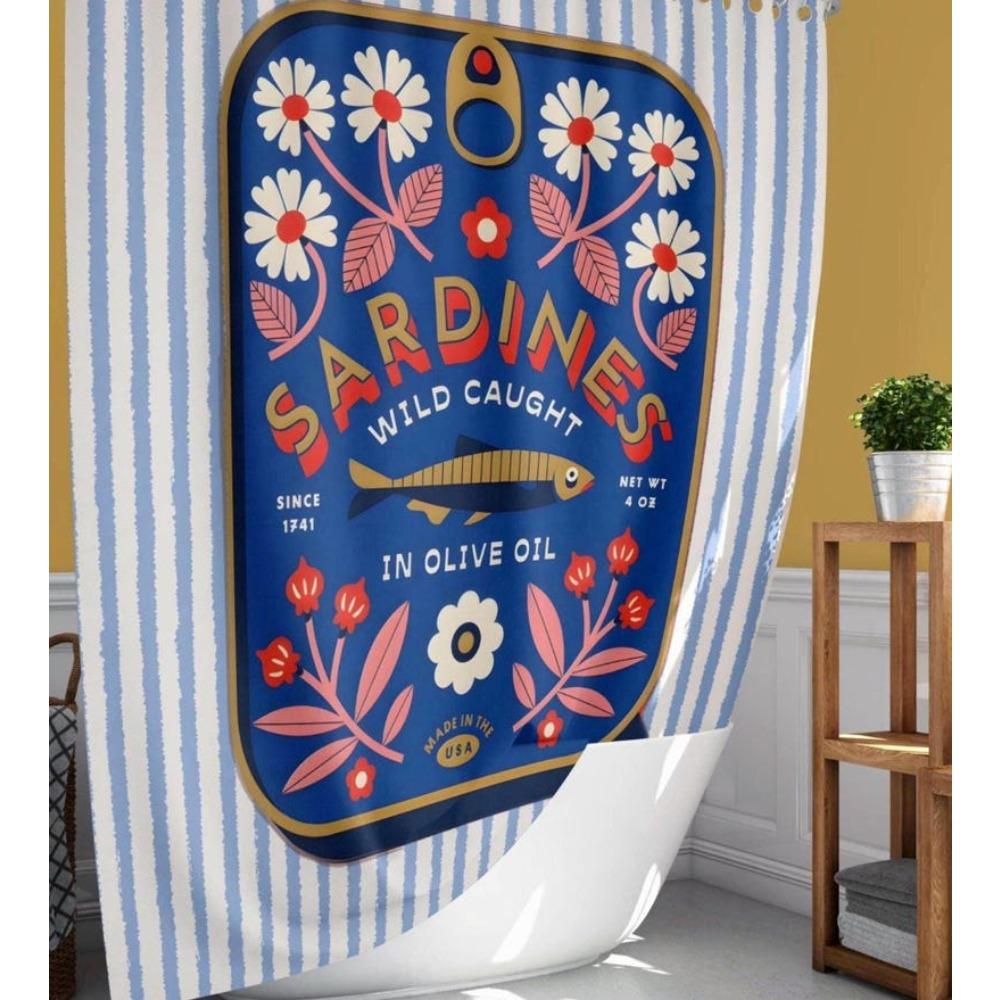 Tinned Fish Shower Curtain Sardine Bathroom Decor Bold Colorful Nautical Theme Coastal Ocean Lover Gift Funky Retro Sea Life Bath Decor