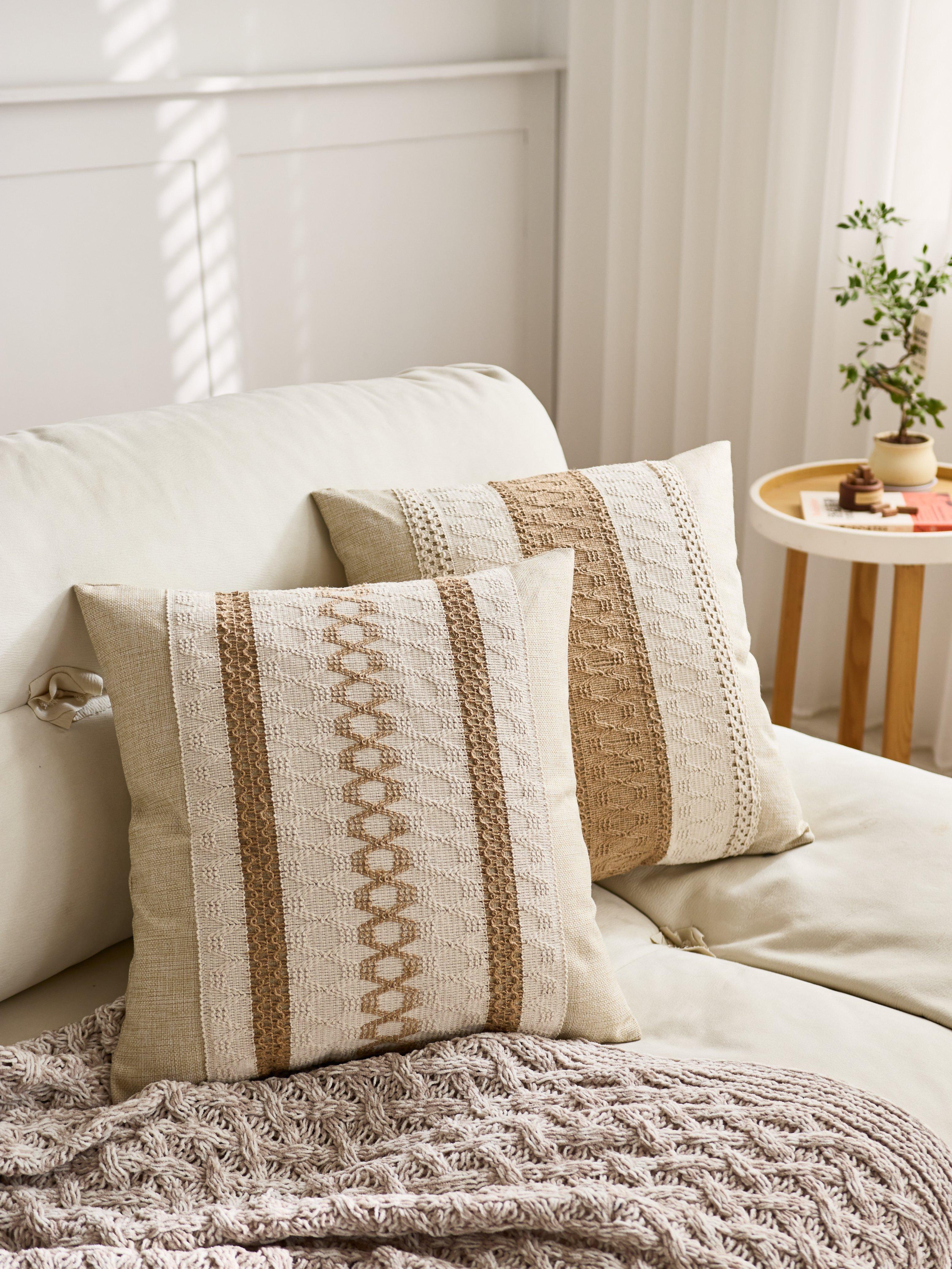 DRAGUE Boho Throw Pillow Covers, 17.7x17.7 in Set of 2 Beige Brown Farmhouse Textured Embroidered Striped Cushion Covers for Couch, Bedroom Home Decor (No Inserts Included)