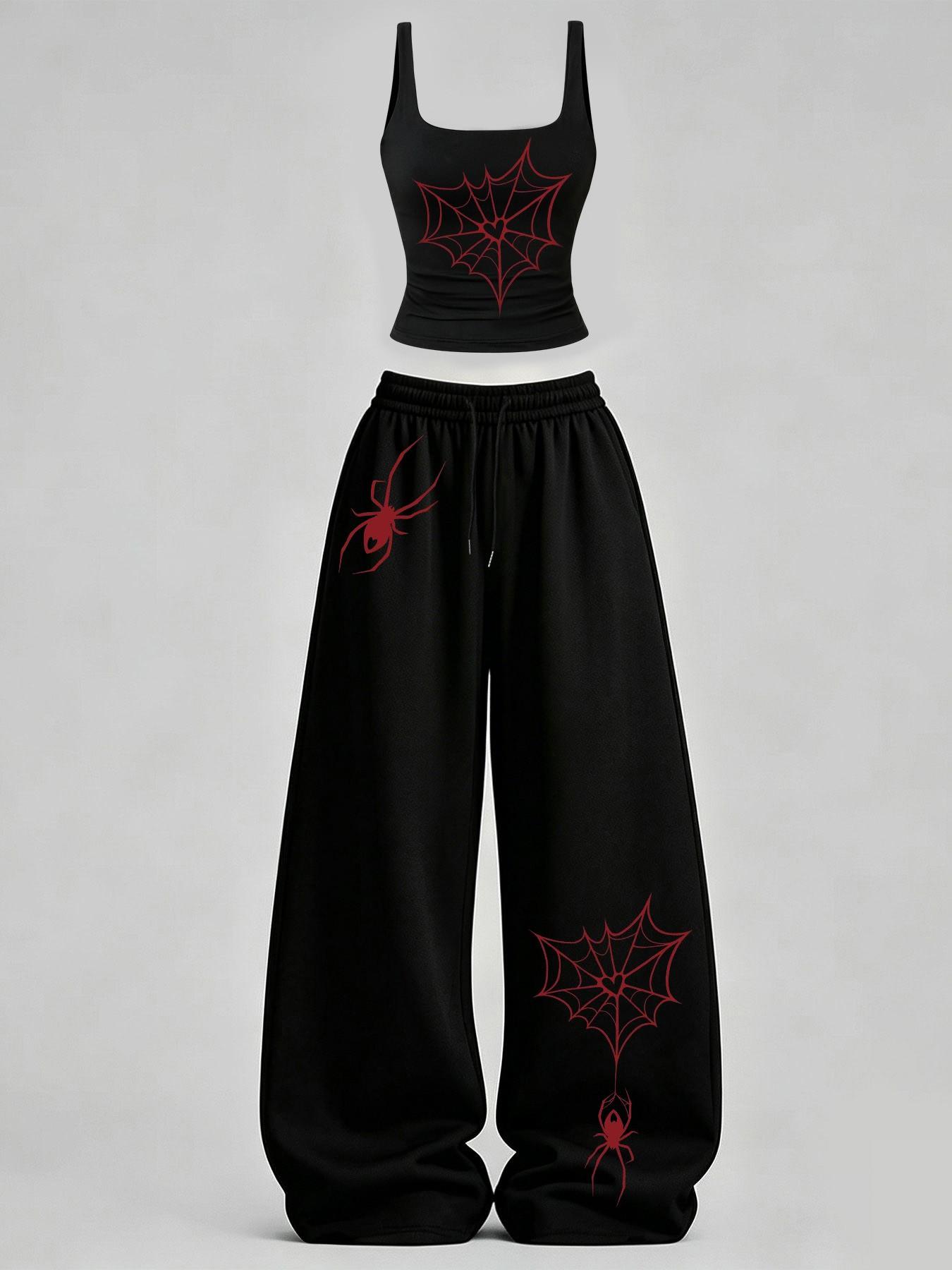 Women's Casual Tank Top Set, Slim-Fit U-Neck Backless Vest & Loose Long Pants, Butterfly Spider Web Print, Y2K Street Style Women's Casual Tank Top Set, Slim-Fit U-Neck Backless Vest & Loose Long Pants, Butterfly Spider Web Print, Y2K Street Style