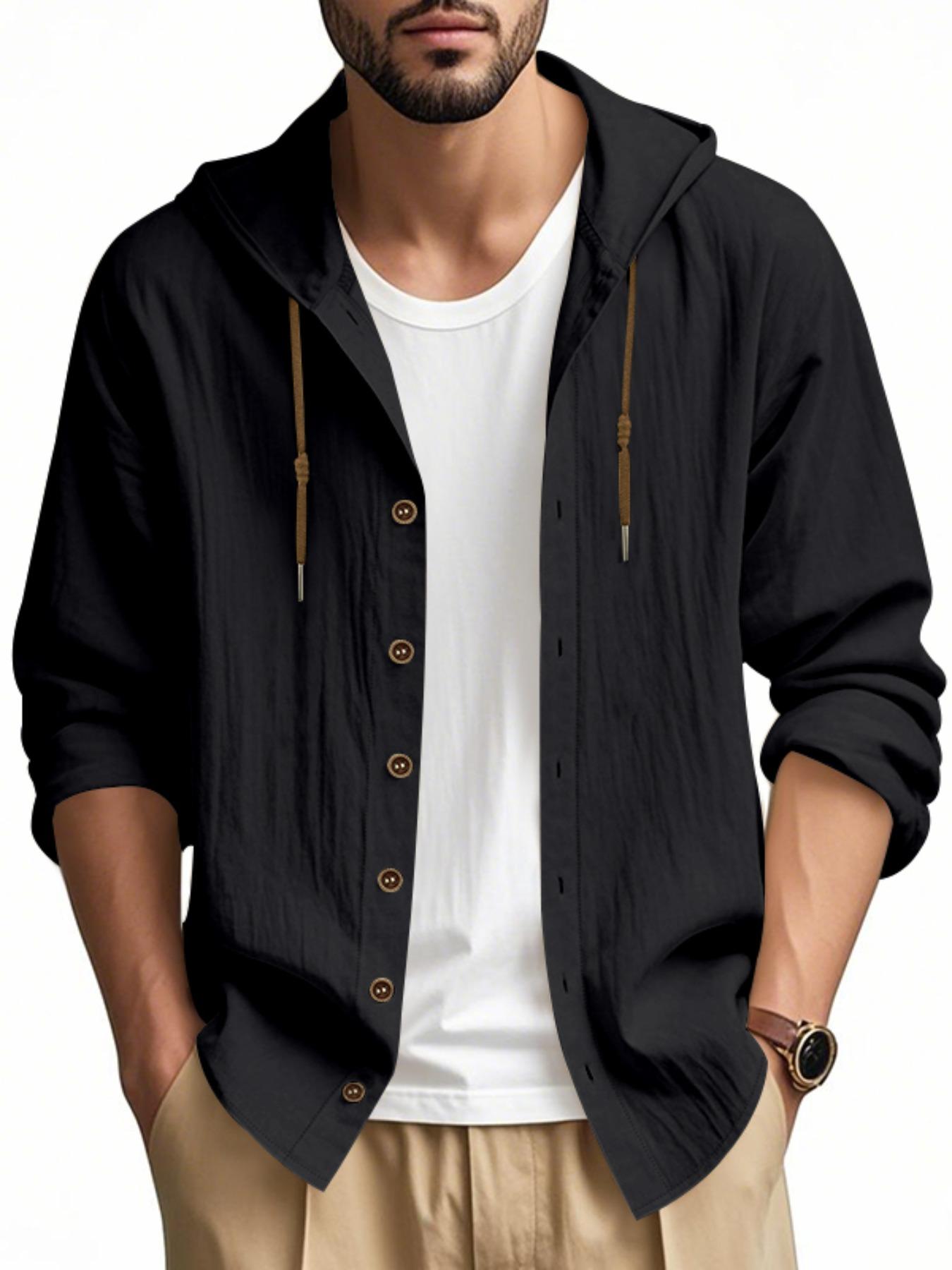 Hooded Linen Long Sleeve Shirt Jacket, Hawaiian Style Casual Loose Fit, Drawstring & Button Design, Spring & Fall Fashion, Beach Vacation Essential