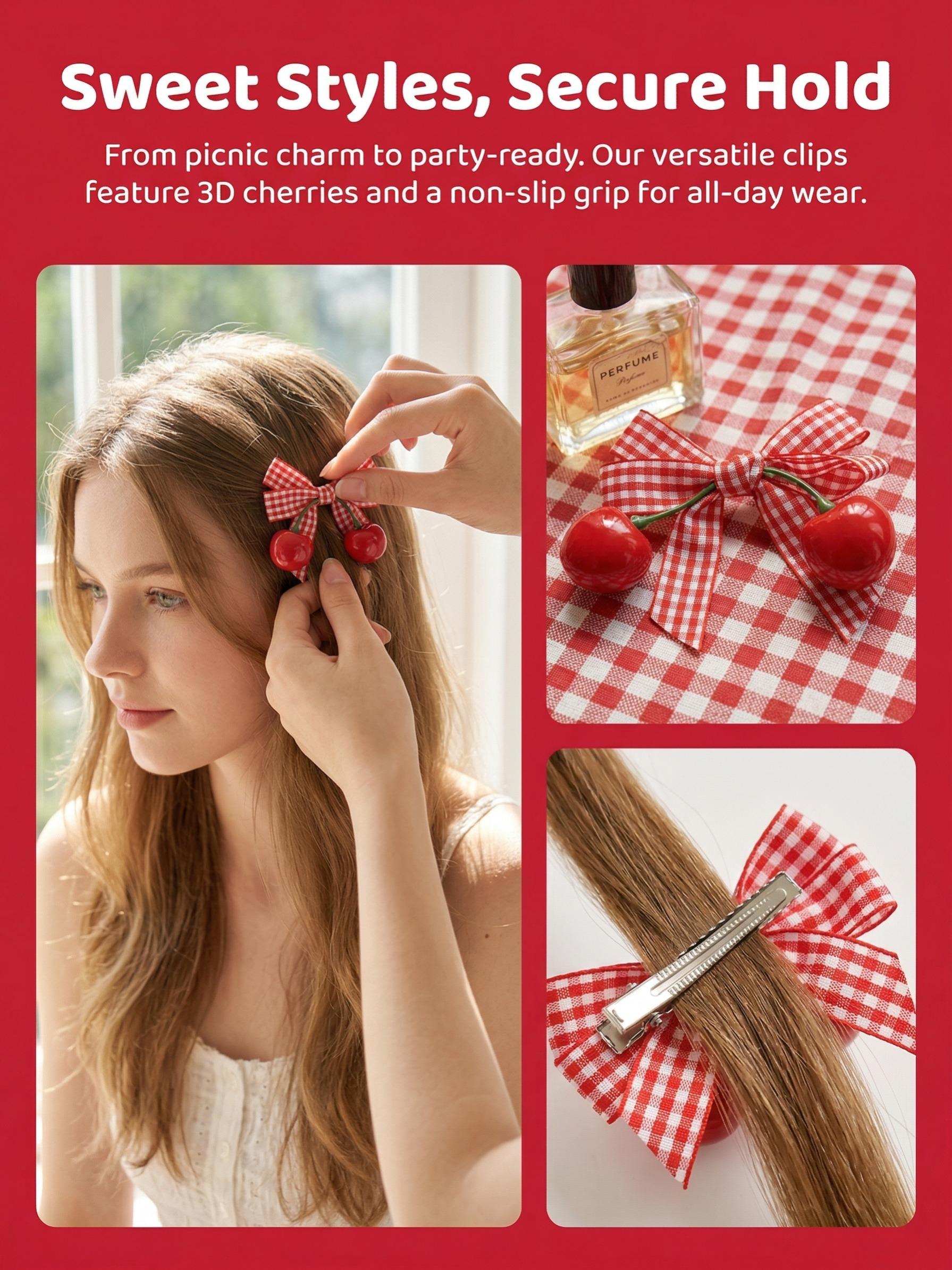 2pcs - French sweet cherry bow hair clips set, includes duckbill clips, women's hair clips, Y2K style for women & kids. Perfect for daily dates, picnics, photoshoots, school wear and festival parties.