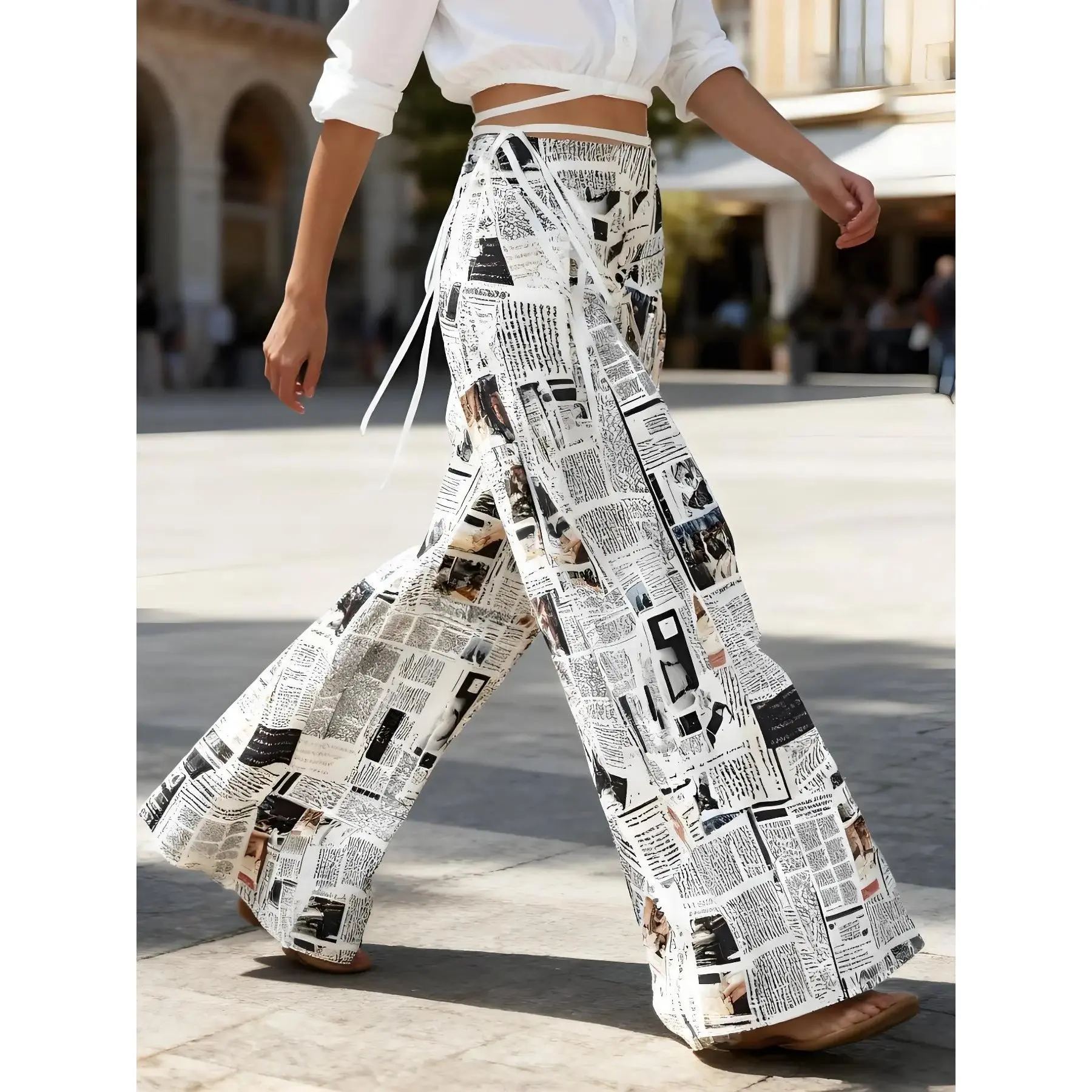 Plus Size All Over Newspaper Print Pants, Casual Comfy Trousers for Daily Wear, Women's Bottoms for Spring & Fall, Casual Streetwear Trousers