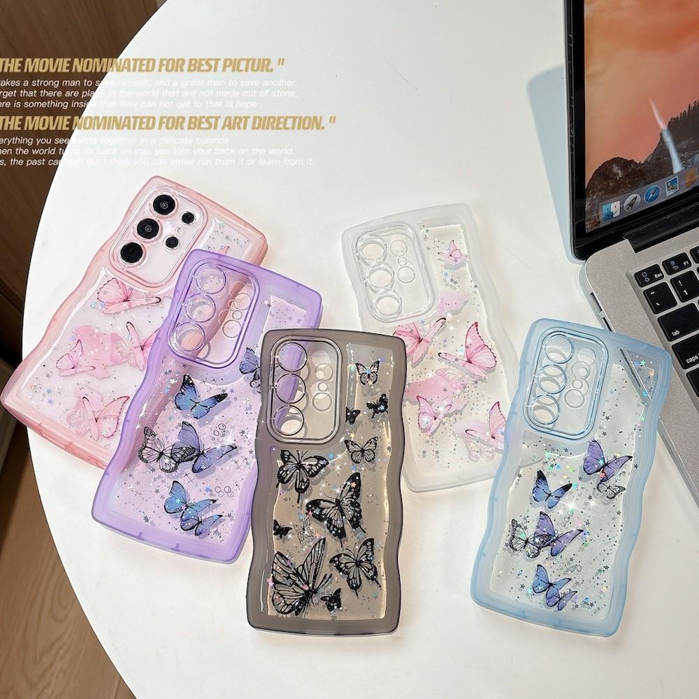 For Samsung Galaxy S26 Plus Ultra A17 A37 A57 5G Butterfly Glitter Transparent Wavy Silicone Case Shockproof Cover