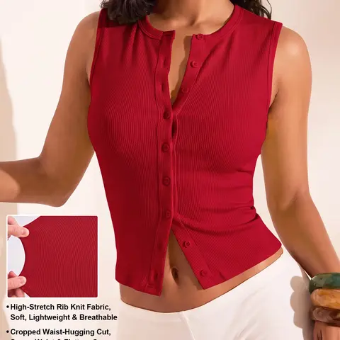 Women's Plain Lightweight Sleeveless Top, Slim-Fit Button Front, Breathable Sporty Fabric, Ideal for Spring Summer Outdoor Wear