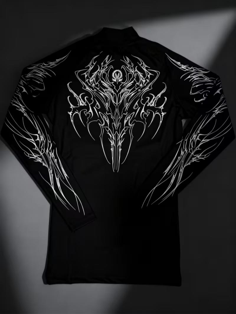 Men's Slim Fit Long Sleeve Sports Shirt, Quick-Dry Breathable Polyester Fabric, Pattern Design, Ideal for Running, Fitness, Casual Wear