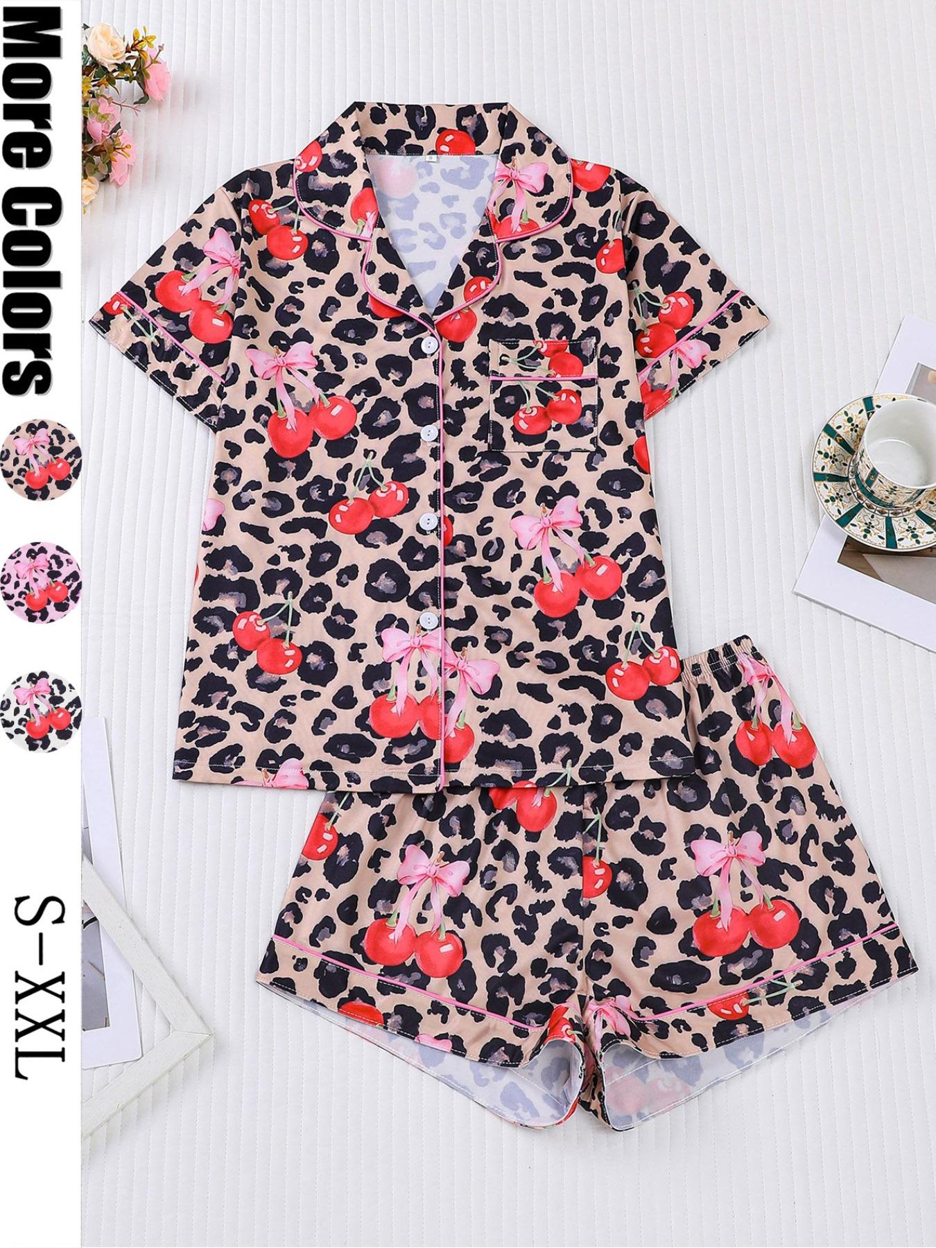 【Pink cherry】Women's Leopard Print Cherry Bow Sleepwear Set, Short Sleeve Button Front Top & Elastic Shorts, Casual Home Wear, Party