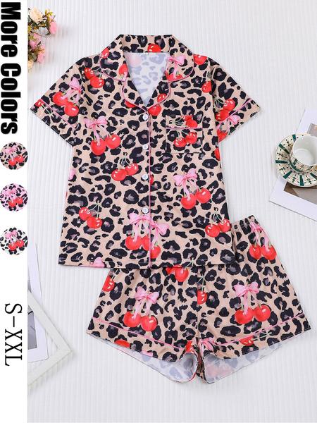 【Pink cherry】Women's Leopard Print Cherry Bow Sleepwear Set, Short Sleeve Button Front Top & Elastic Shorts, Casual Home Wear, Party