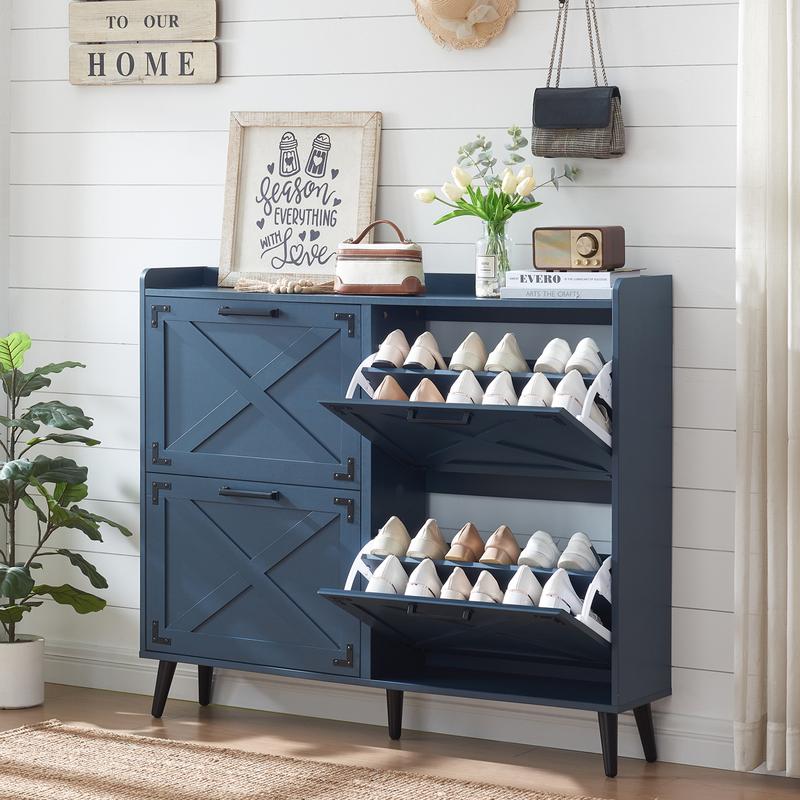 Farmhouse Shoe Storage Cabinet with 2-4 Flip Drawers & Barn Door Design - Freestanding Slim Narrow Shoe Organizer for Entryway, Foyer & Hallway