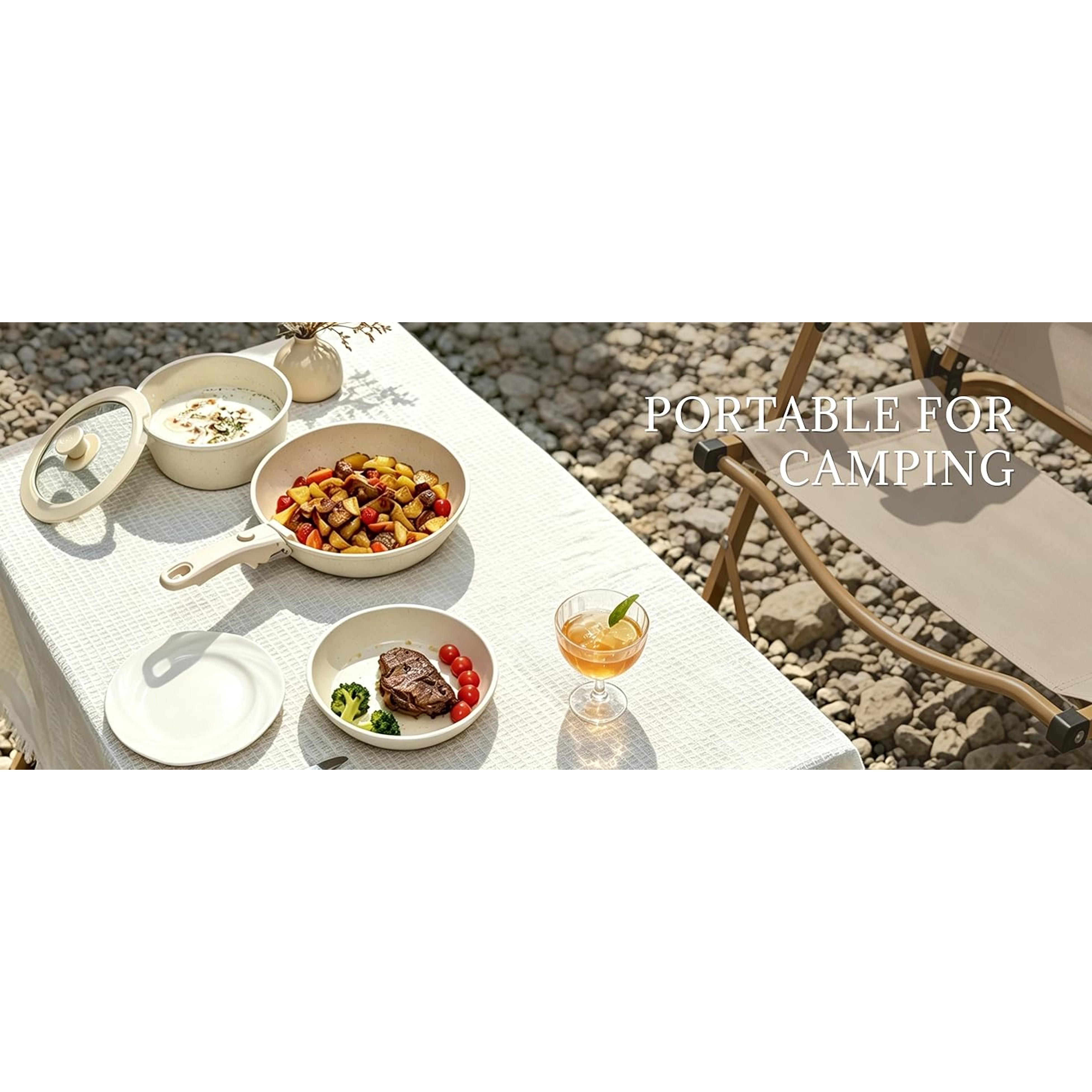 Ceramic Cookware Set Non Stick 8Pcs Pots and Pans Set Detachable Handle Induction Kitchen Cooking Set with Frying Pans Oven Dishwasher Safe, PFAS/PFOA Free, Cream White